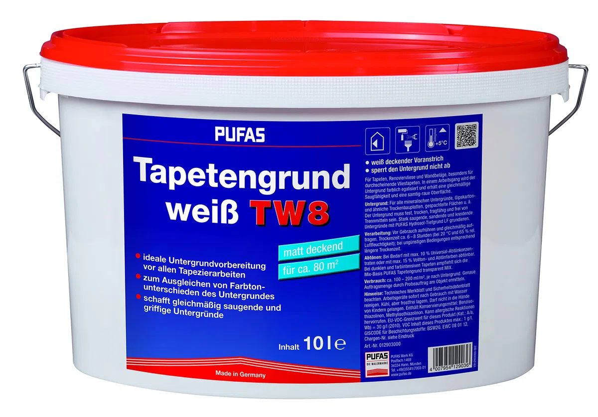 Pufas 12903000 TW8 Tapetengrund Tapetengrundierung, weiß, 10 Liter