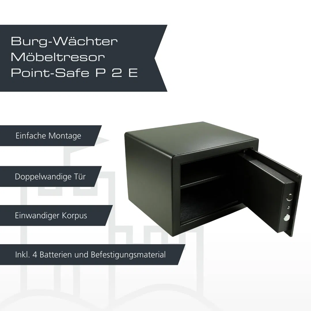 BURG-WÄCHTER Möbeltresor mit elektronischem Zahlenschloss, inkl. Fachboden, Doppelwandige Tür, 20,5 l, 14,5 kg, Point-Safe P 2 E, Schwarz