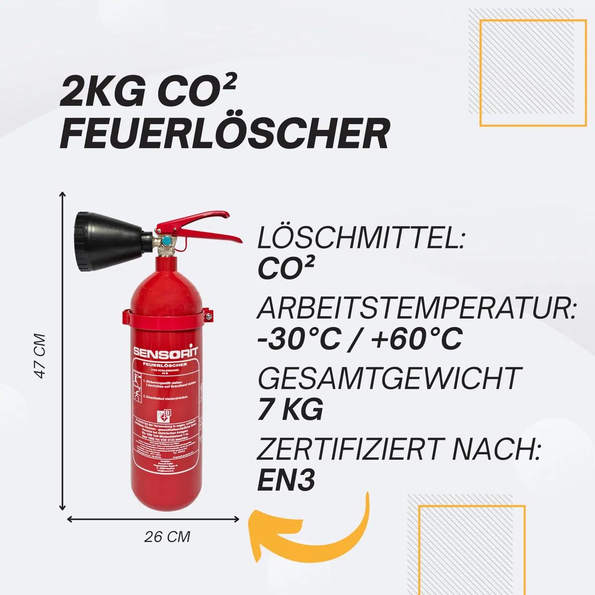 CO2 Feuerlöscher, 2kg Kohlendioxid, Löscher für elektrische Anlagen & EDV nach DIN EN 3 inkl. Instandhaltungsschild und Wandhalter