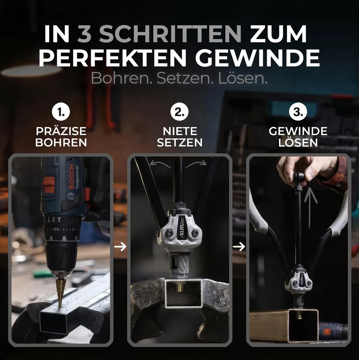 KLRStec Professional Nietmutternzangen Set [M3–M12] Halbautomatische Nietmutternzange für schnelleres arbeiten inkl. 70 Nietmuttern, Stufenbohrer & Werkzeugkoffer – Profi Nietenzange Set