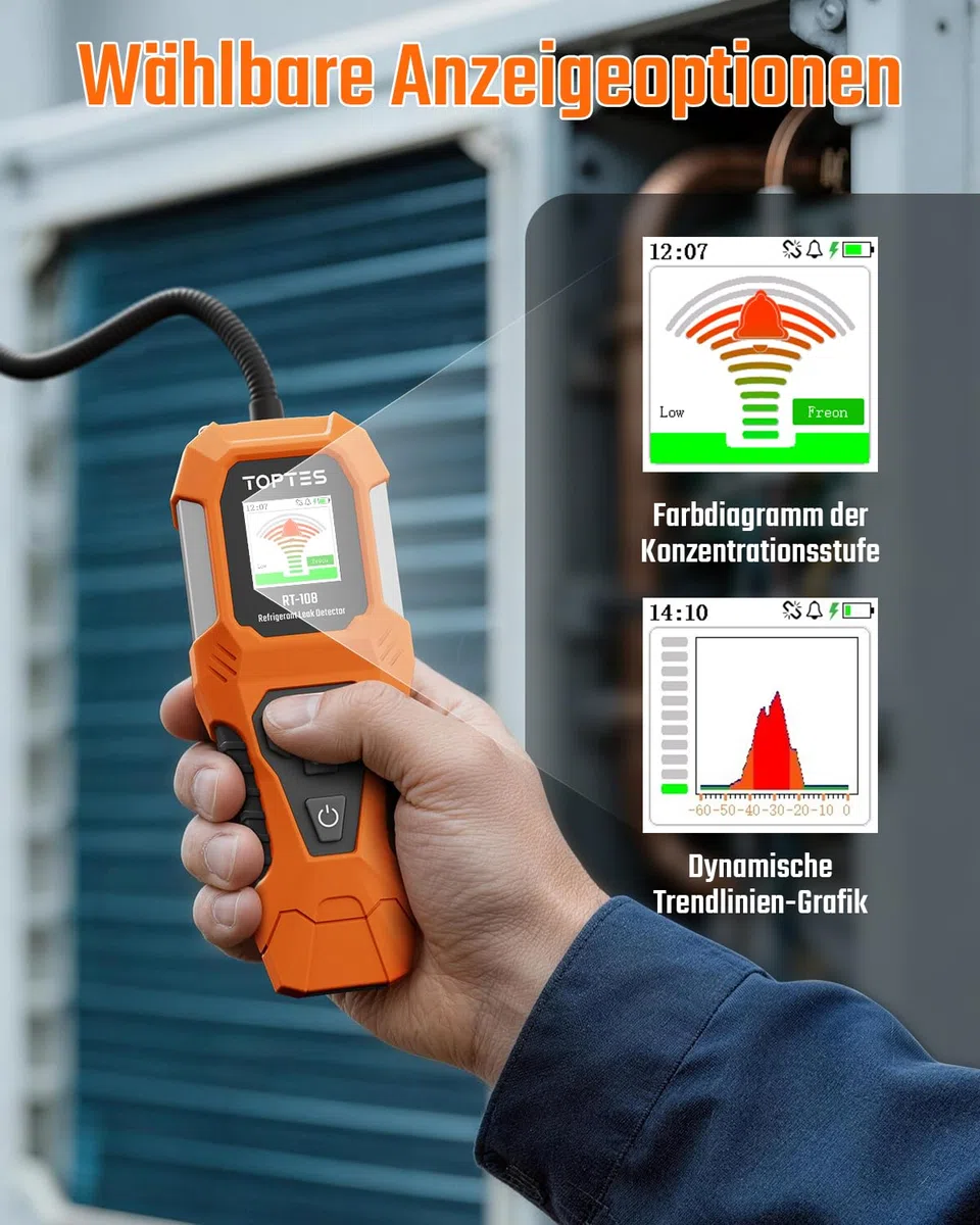 TOPTES RT-108 Kältemittel-Leckdetektor, HVAC Freon-Lecksuchgerät mit Halogen-Ionisationssensor, Klimaanlagen-Lecksuche mit 3 Empfindlichkeitsstufen für R134a, CFCs, HCFCs, HFCs – Orange