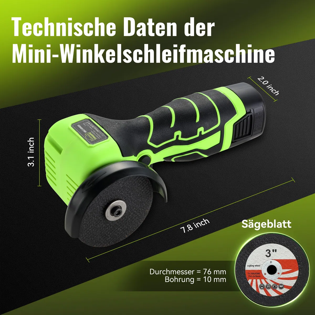DEWINNER Akku-Winkelschleifer 19 500 U/min - 76mm Schleifscheibe, 2 Akkus 2000mAh, 6 Schneidscheiben und Tragetasche - Für Schleifen, Polieren, Schneiden
