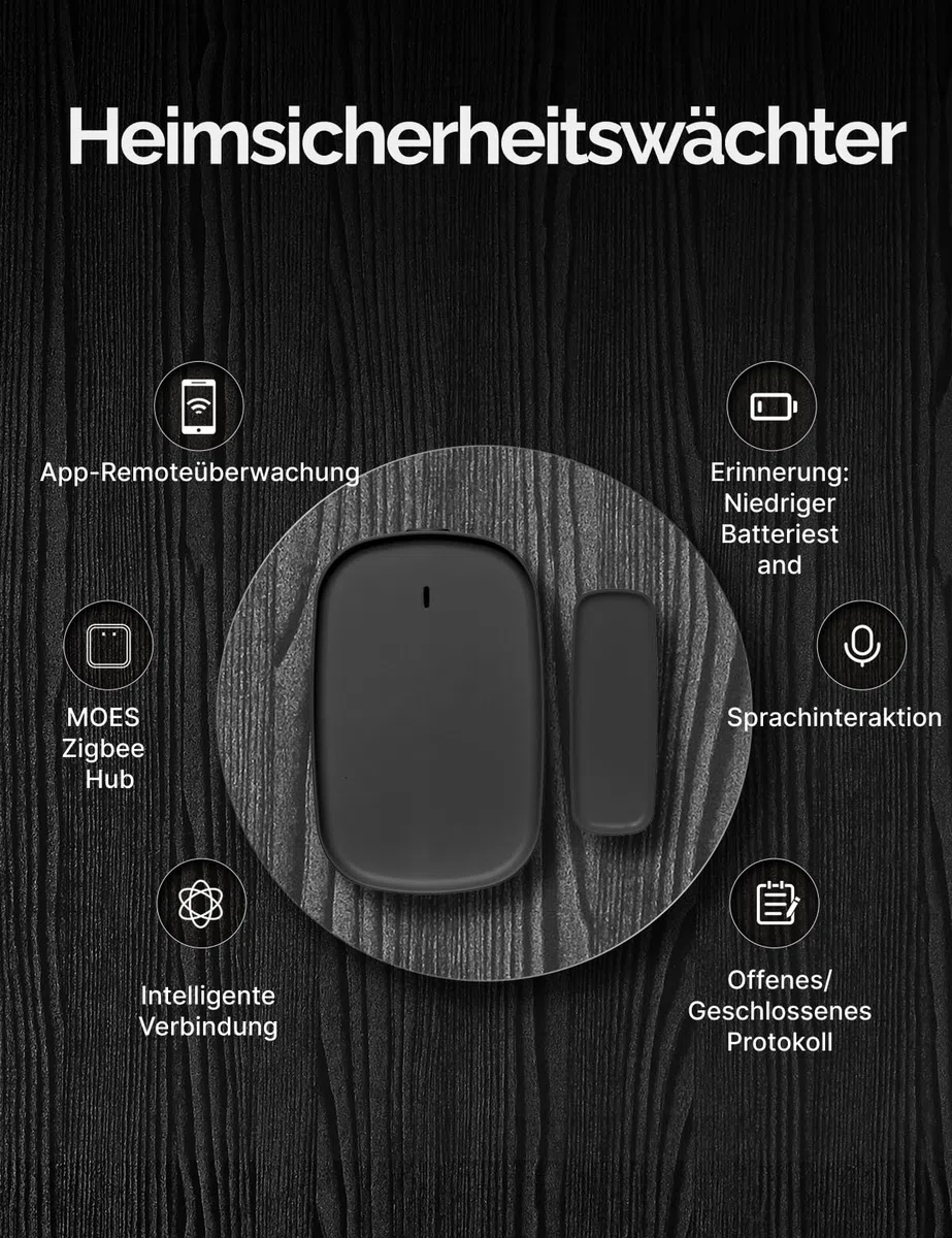MOES Smart Tür - und Fenstersensor,MOES/Tuya ZigBee Hub erforderlich,Drahtloser Detektor für Alarmanlage, Smart Life/Tuya App,Kompatibel mit Tuya-Geräte, Alexa,und Google Assistant,Schwarz 3P