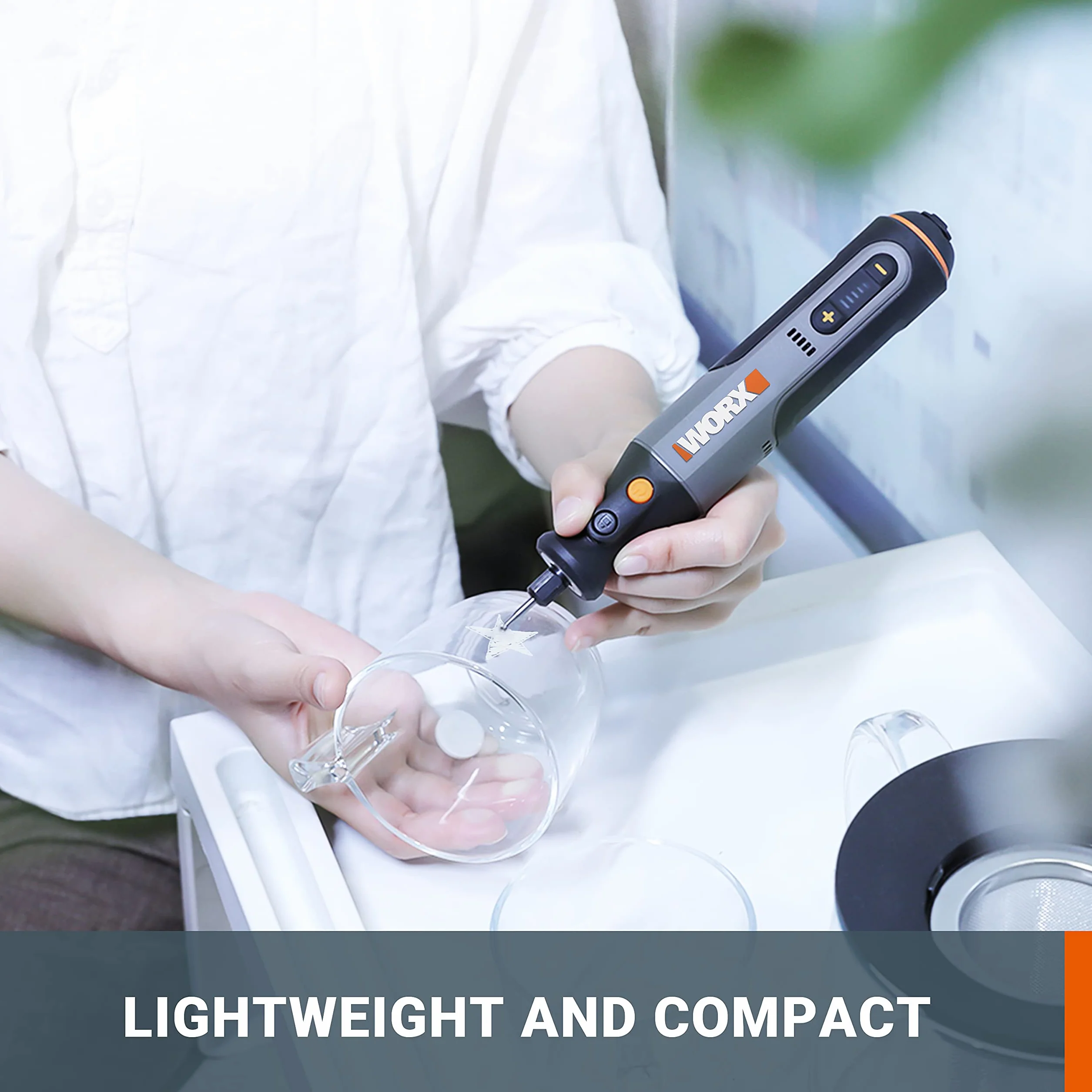 WORX 8V WX106 Multifunktionswerkzeug mit 23 Zubehörteilen, anpassbarer Drehzahleinstellung von 5000 bis 28000 U/min, 3,2 mm Abmessung, USB-Aufladung zum Schleifen, Gravieren, Schneiden, Bohren usw