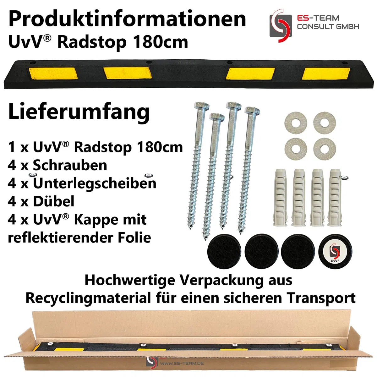 UvV Wheel - Parkstop Radstop 180cm in gelb/schwarz + Befestigung + Verschlussstopfen für die oberen Öffnungen