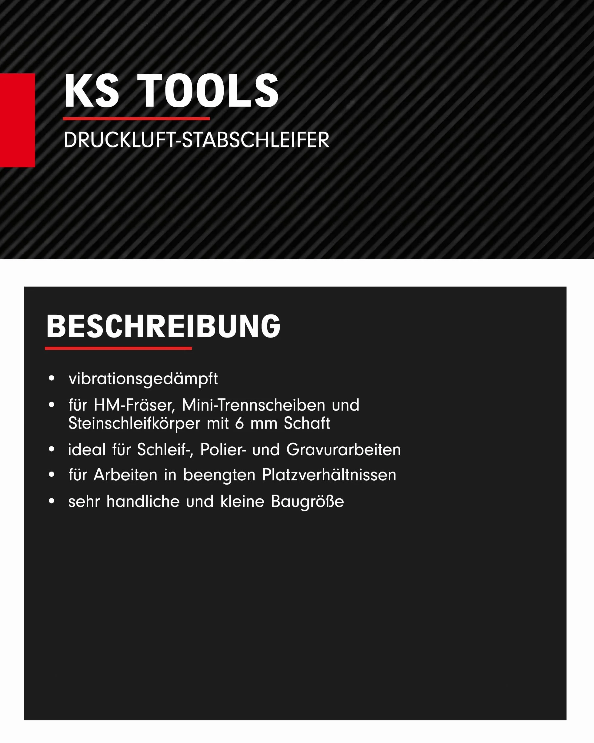 KS Tools Stabschleifer Druckluft 515.5410 6mm I Geradschleifer mit Drehzahl-Regulierung I Für HM-Fräser, Mini-Trennscheiben und Steinschleifkörper I 23.000 U/min