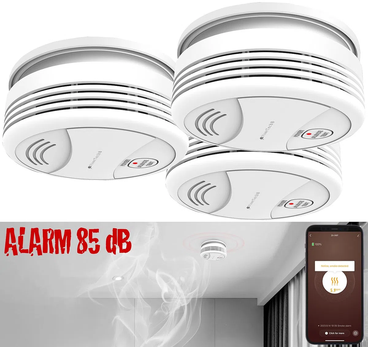 VisorTech Rauchmelder mit App: 3er-Set WLAN-Rauchwarnmelder, weltweite App-Benachrichtigung, 85 dB (Brandmelder WLAN, Rauchmelder mit Alexa, Home)
