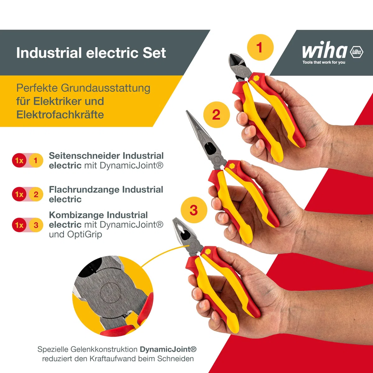 Wiha Zangen Set für Elektriker (38637) 3-tlg. I Universal Kombizange 180mm + Flachrundzange 200mm + Seitenschneider 160mm I Zangenset Elektro VDE