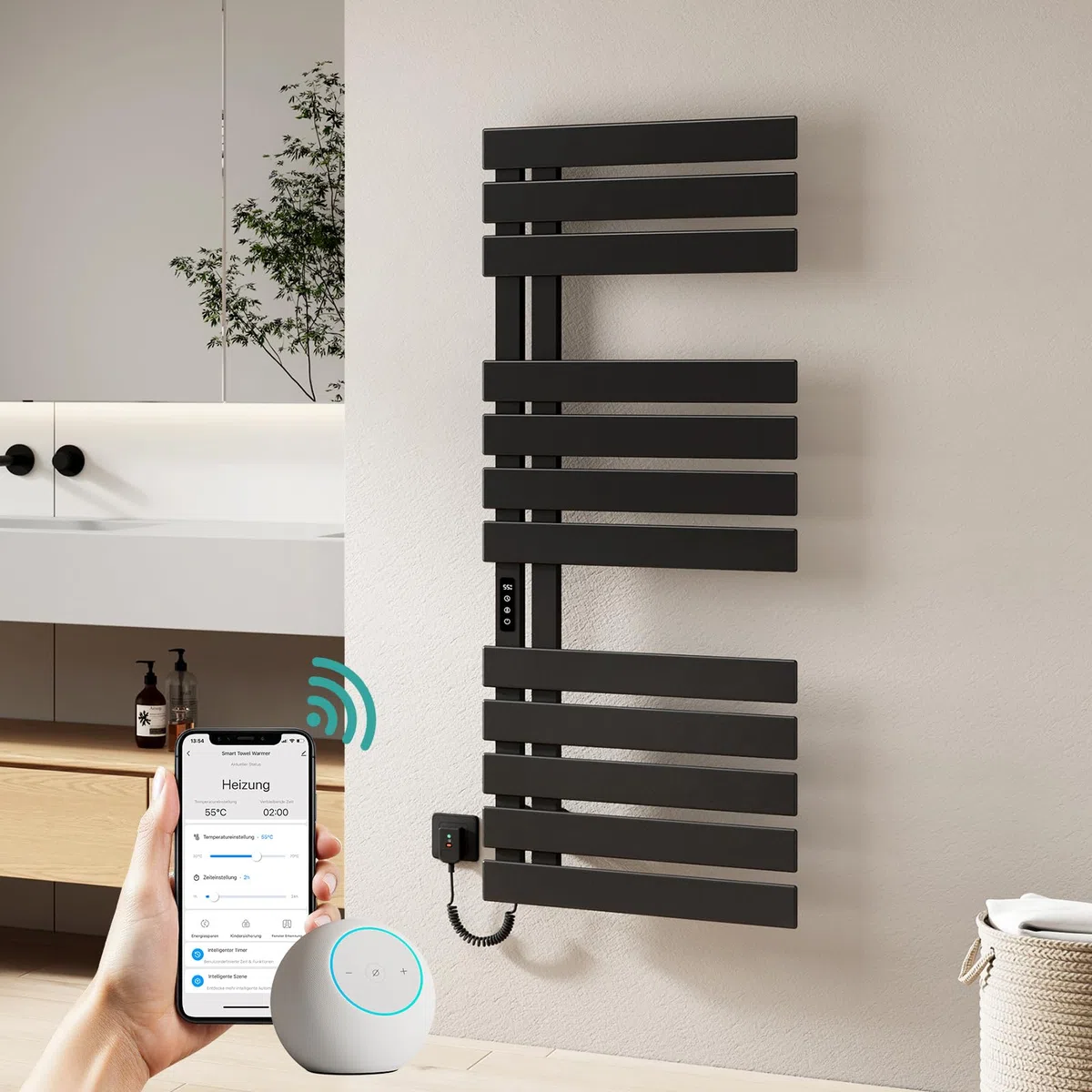 EMKE Elektrischer Handtuchheizkörper 1300x500 mm, Intelligenter Handtuchwärmer mit WiFi-App-Steuerung, Timer & Thermostat, Badheizkörper zur Wandmontage, 440 Watt, IP45, Schwarz