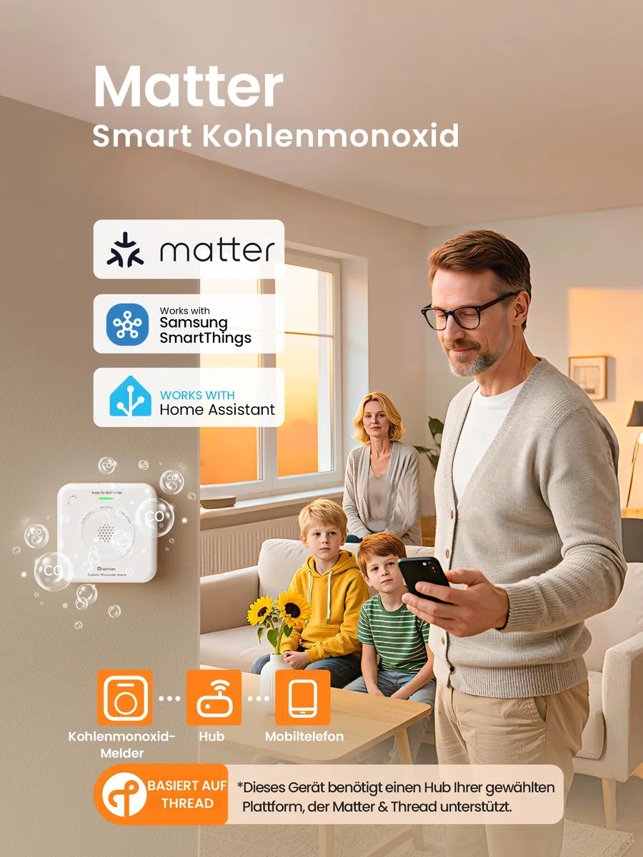 Heiman Smarter Kohlenmonoxid Melder Matter Over Thread (Hub Erforderlich) - CO Melder für SmartThings & Home Assistant, EN 50291, Austauschbare Batterie, 10 Jahre Sensor, 85dB, HS-725ES-M