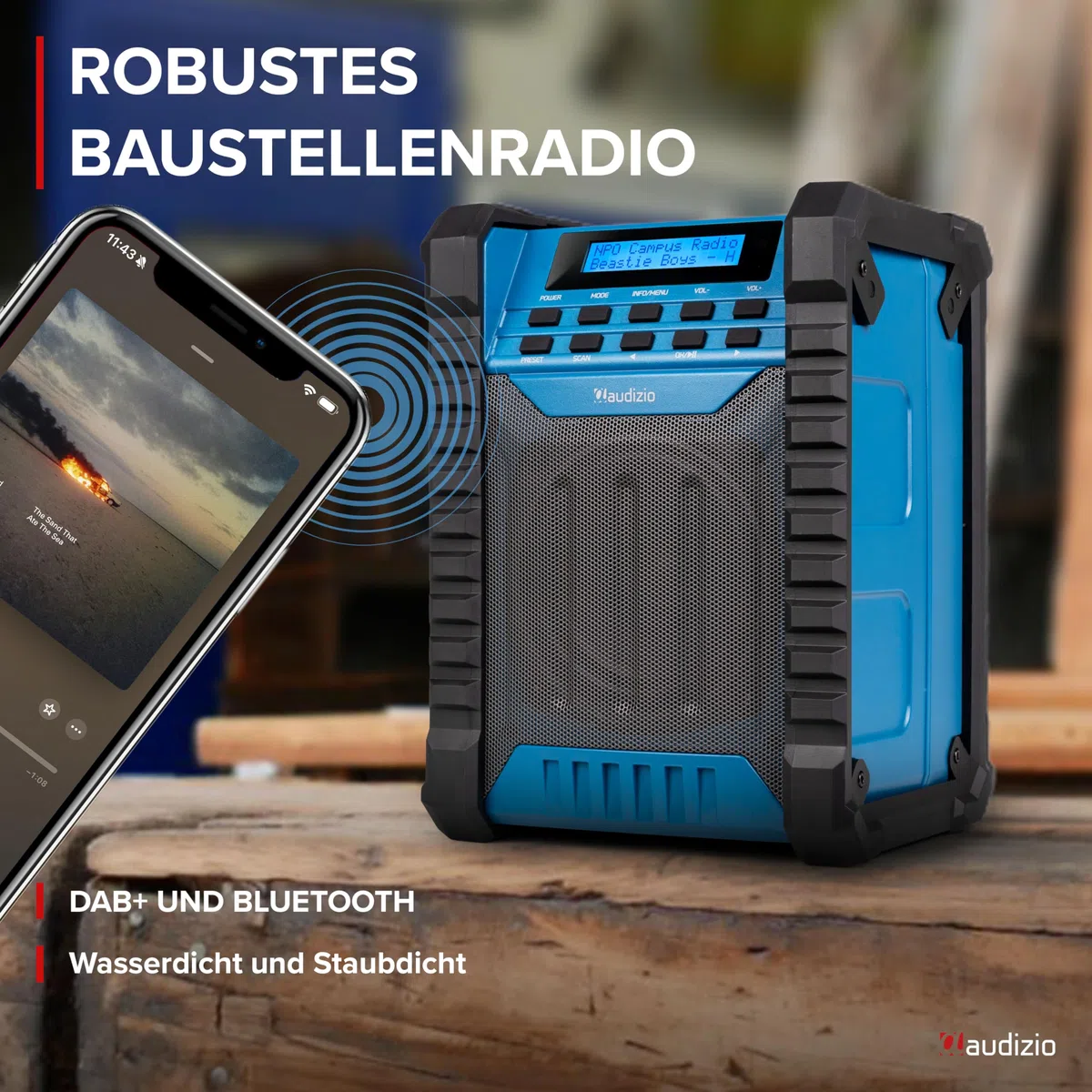 Audizio Jobsite - Baustellenradio DAB Plus Radio mit Bluetooth 5.0, Akku 8h, 100 Watt Leistung, IP54 Wasserdicht, FM, Tragegriff, DAB+, Werkstattradio mit AUX & USB, Outdoor Radio