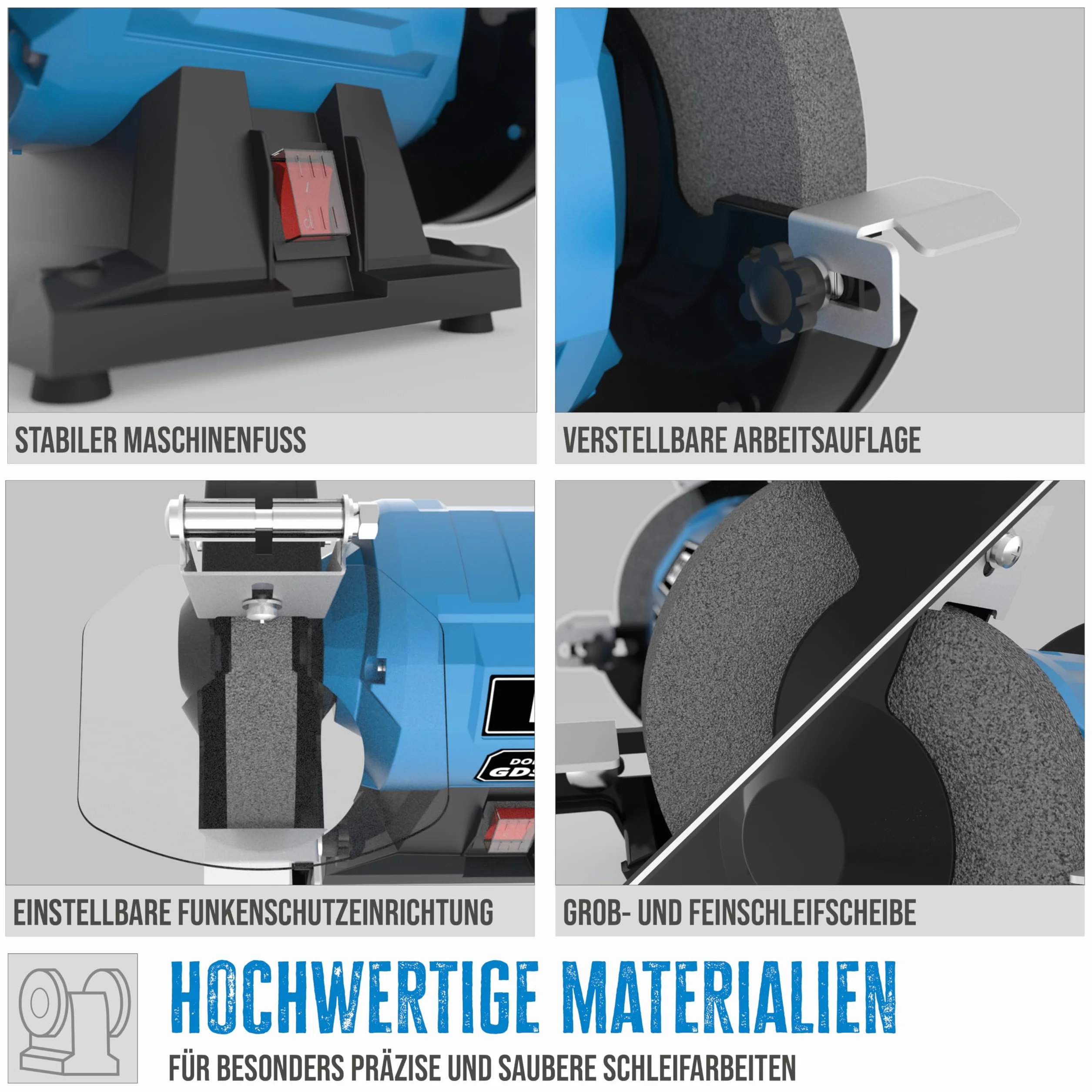 Güde Doppelschleifer GDS 150-15 (250 W, 2980 1/min Motordrehzahl, Grob- & Feinschleifscheibe 36|60 K, 150 mm ø, stabiler Maschinenfuß, kugelgelagerte Schleifachsen, verstellbare Arbeitsauflagen), Blau