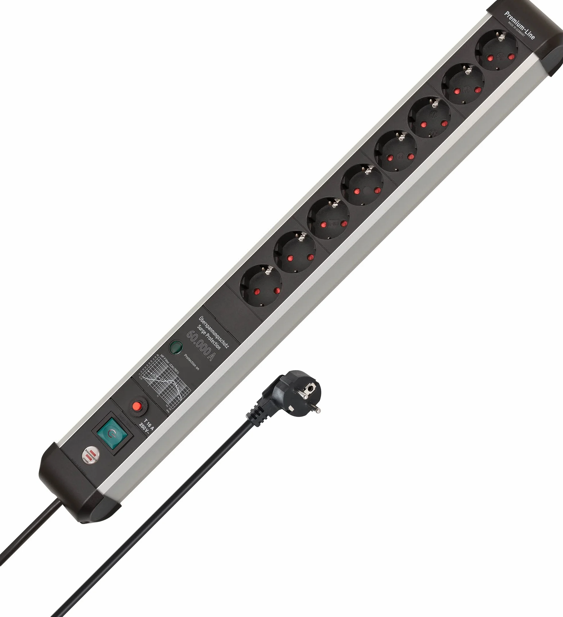 Brennenstuhl Premium-Protect-Line Steckdosenleiste 8-Fach mit Überspannungsschutz 60.000A (Mehrfachsteckdose mit Schalter und 3m Kabel, Made in Germany) Silber/schwarz