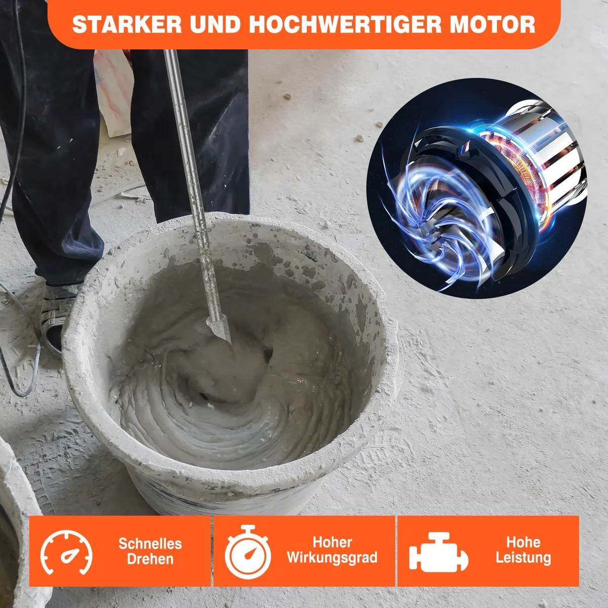 Orange Rührwerk mit starken 2600 Watt – Farb-Mörtelrührer Betonrührer – robustes 6-Gang-Metallgetriebe – Mit großem Rührquirl Ø120 mm und ergonomischem Griff - Rührwerk Handrührwerk