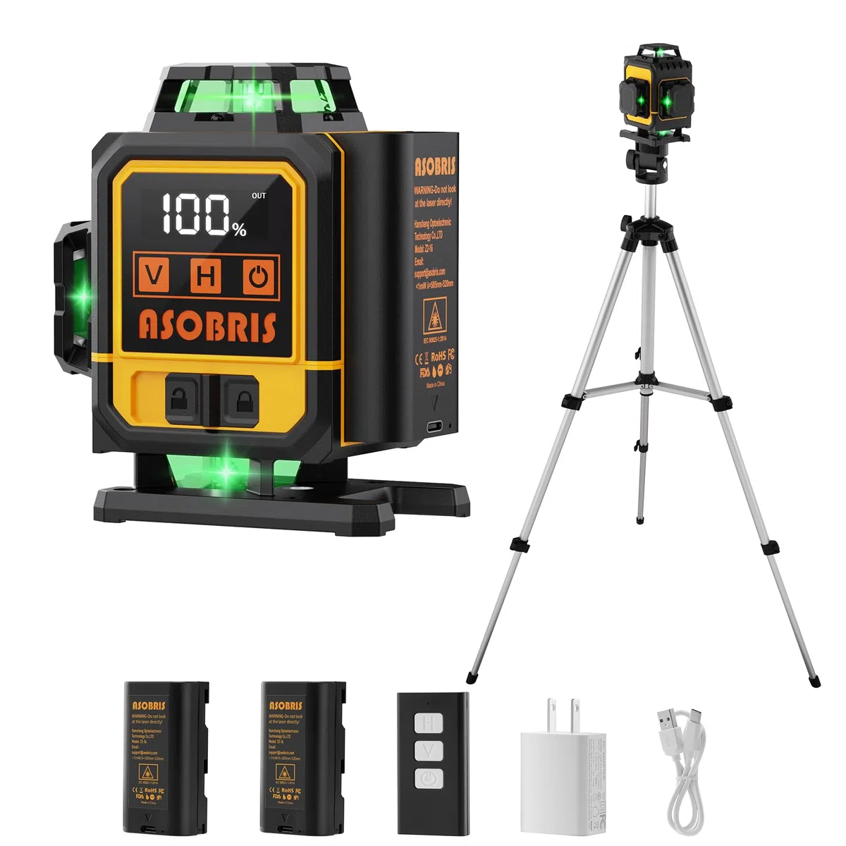 Kreuzlinienlaser mit Stativ,ASOBRIS 16 Linienlaser Selbstnivellierend Laser Wasserwaage mit 2x2400mAh Batterien,Fernbedienung&LED-Anzeige,4x360 Grad Nivellierlaser Laser Level kreuzlaser (Gelb)