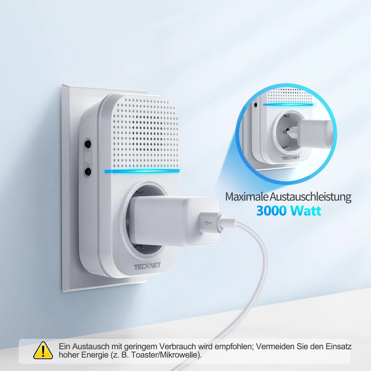 TECKNET Kabellose Türklingel Batterielose, Steckdosen-Funkklingel Wasserdicht Drahtloses Funk Türklingel mit 3 EU-Steckdose und 1 Sender, 400m, 60 Laute Melodien, 5 Lautstärke Stufen, LED-Blinken