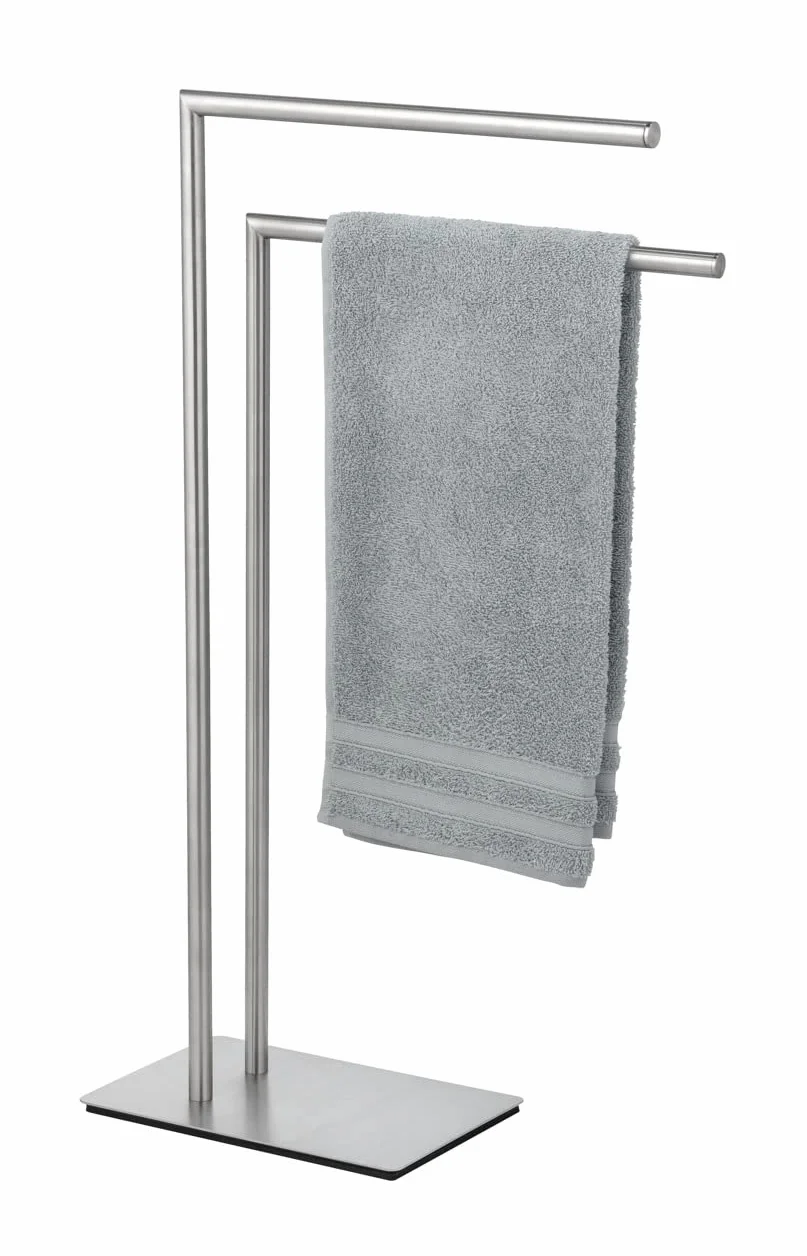 WENKO Handtuchständer Mod. Recco, freistehender Handtuchhalter aus satiniertem Edelstahl mit Schwerer Bodenplatte für sicheren Stand, Zwei Stangen zur Aufbewahrung von Handtüchern, 48 x 80,5 x 20 cm