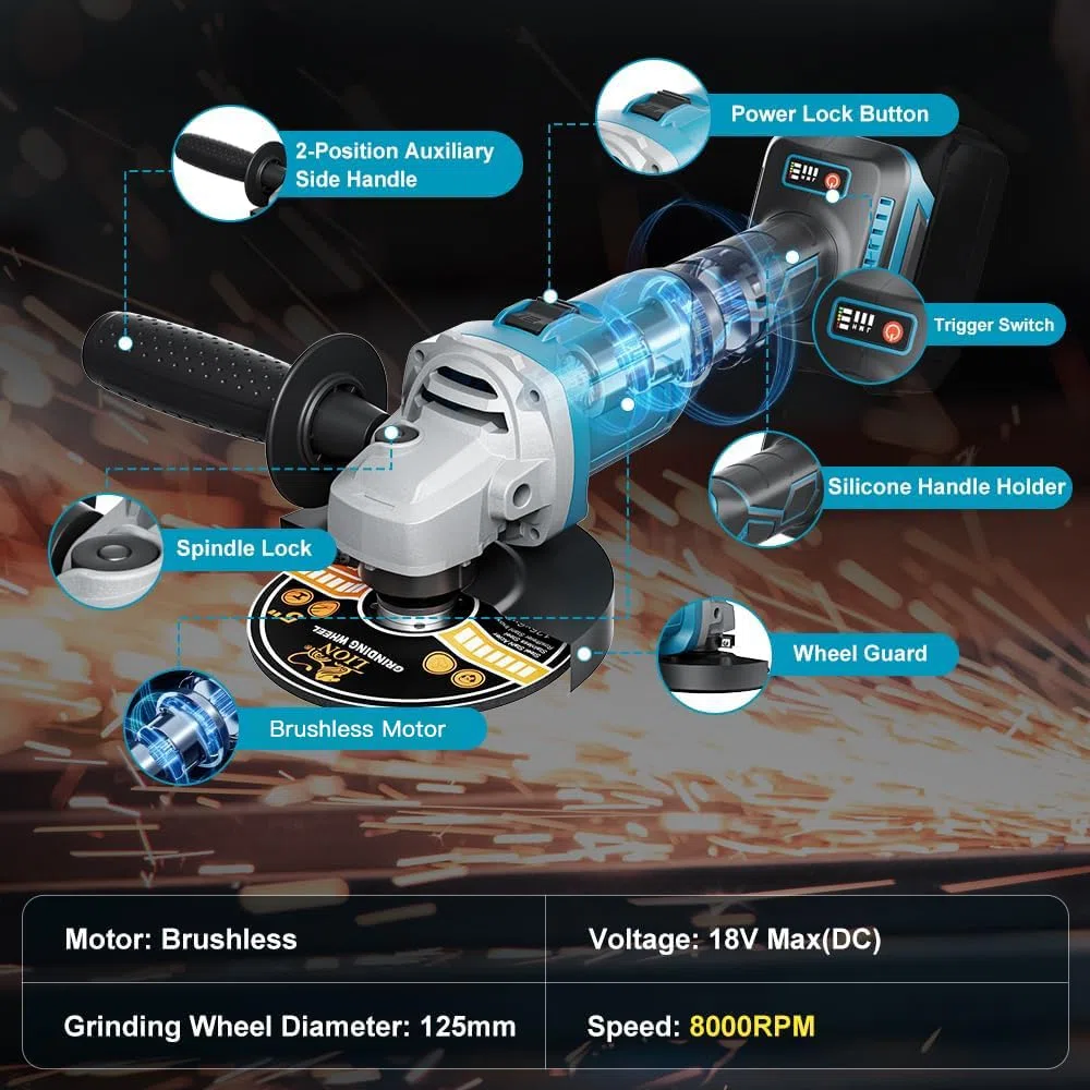 1200W Akku Winkelschleifer für Makita Akku 18V (Ohne Akku), 125mm Akku Flex mit 4 Geschwindigkeiten, Bürstenloser Profi-Winkelschleifer mit 2 Schleifscheiben 2 Trennscheiben zum Schleifen, Trennen