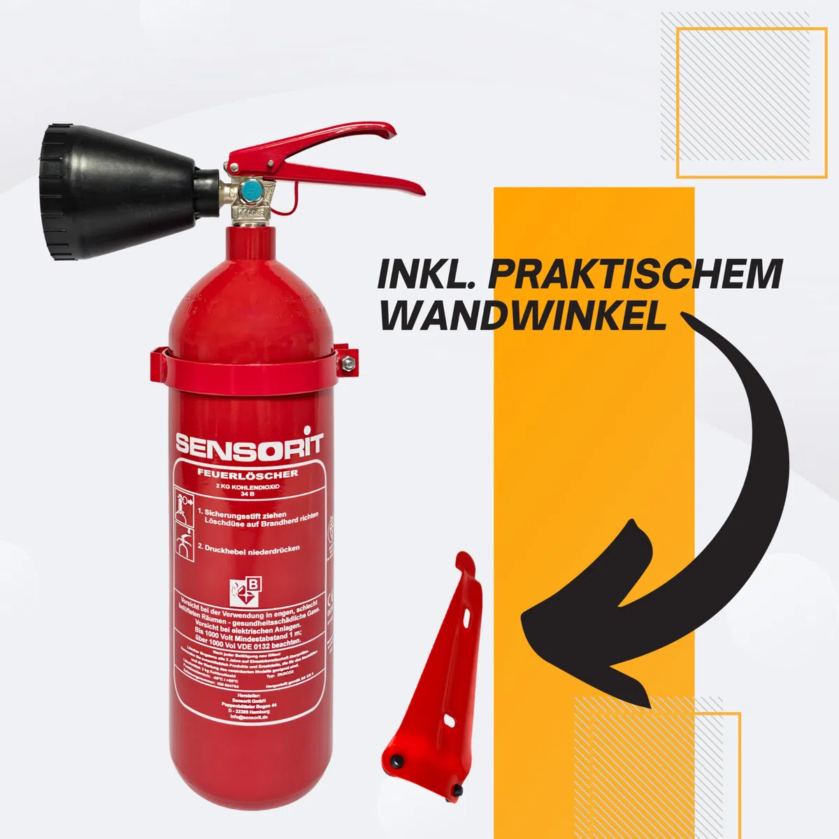 CO2 Feuerlöscher, 2kg Kohlendioxid, Löscher für elektrische Anlagen & EDV nach DIN EN 3 inkl. Instandhaltungsschild und Wandhalter