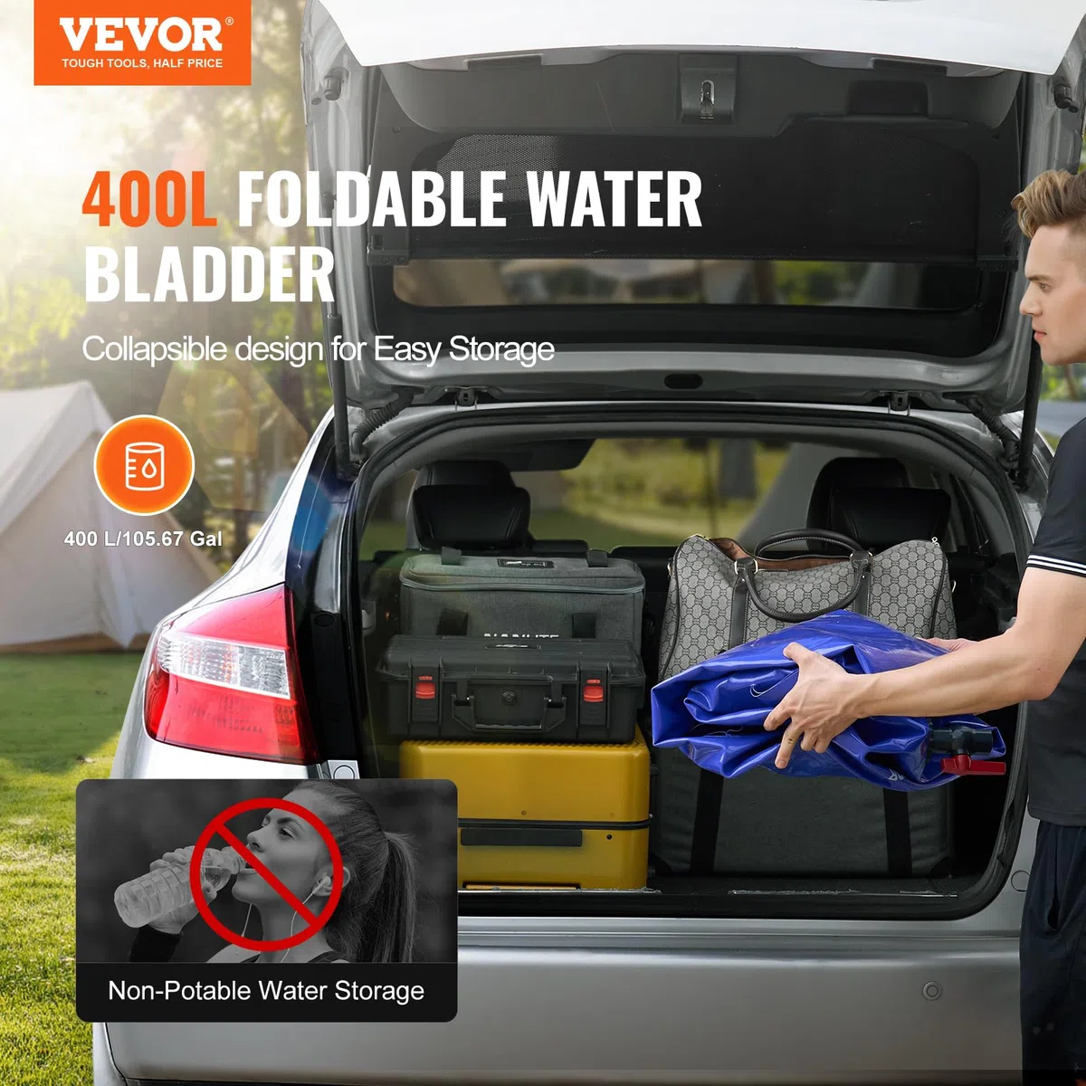 VEVOR 400L Wasserblasen Aufbewahrungsbehälter, Wassertank, 1000D blaues PVC, zusammenklappbare Wasserspeicherbehälter, Wasserbeutel mit großer Kapazität, tragbarer Wasserbehälter, Brandschutz, Camping