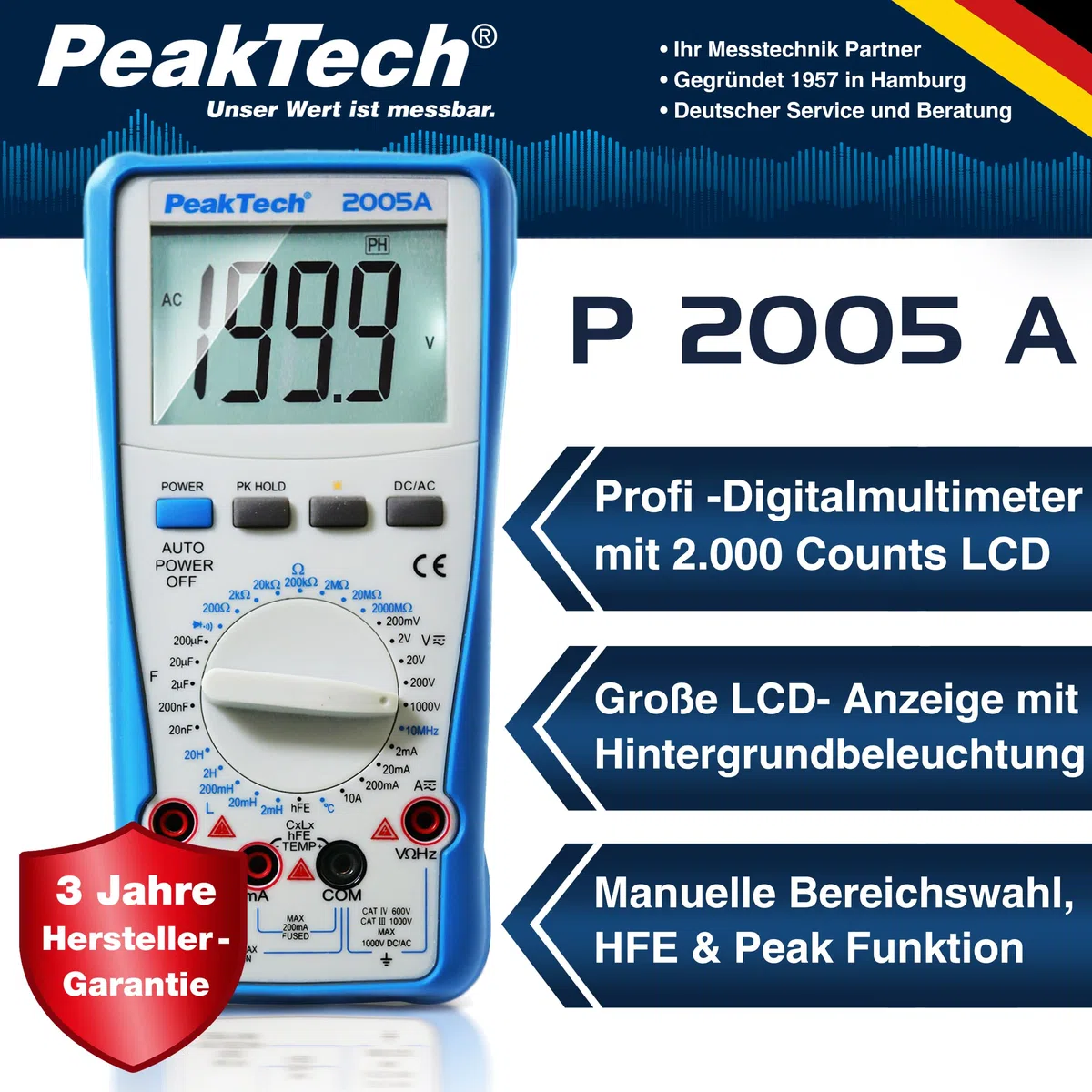PeakTech P 2005 A – Digital Multimeter mit LCD-Anzeige – Strommessgerät mit 2000 Counts – Profi-Messgerät für Elektriker mit Auto-Hold Funktion – CAT III 1000V – Blau