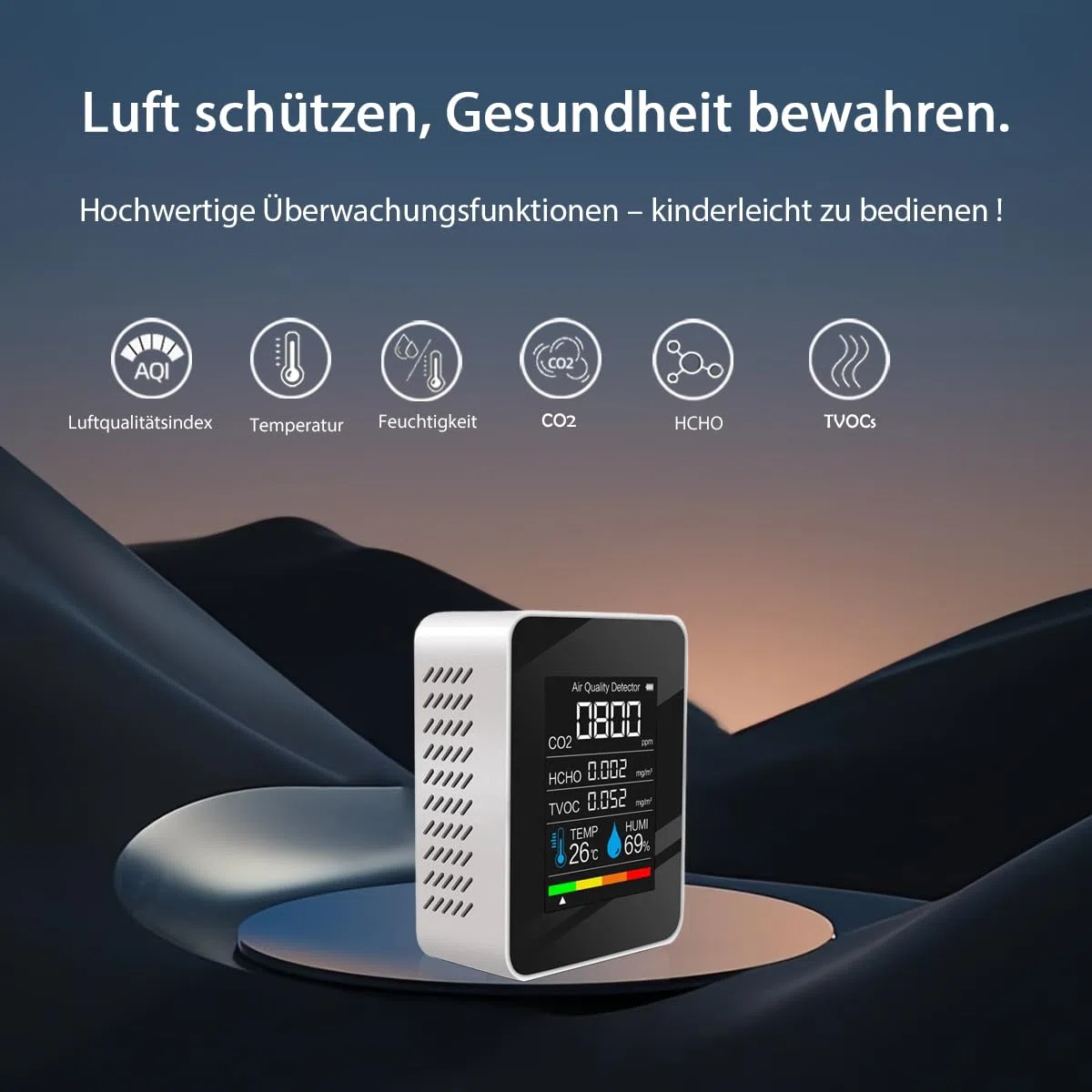 Professioneller Luftqualitätsmessgerät CO₂ – 5-in-1 Luftqualitätsmonitor für Innenräume,präziser CO₂ Messgerät zur Messung von CO2,HCHO, TVOC,Temperatur & Luftfeuchtigkeit,ideal für Zuhause, Büro