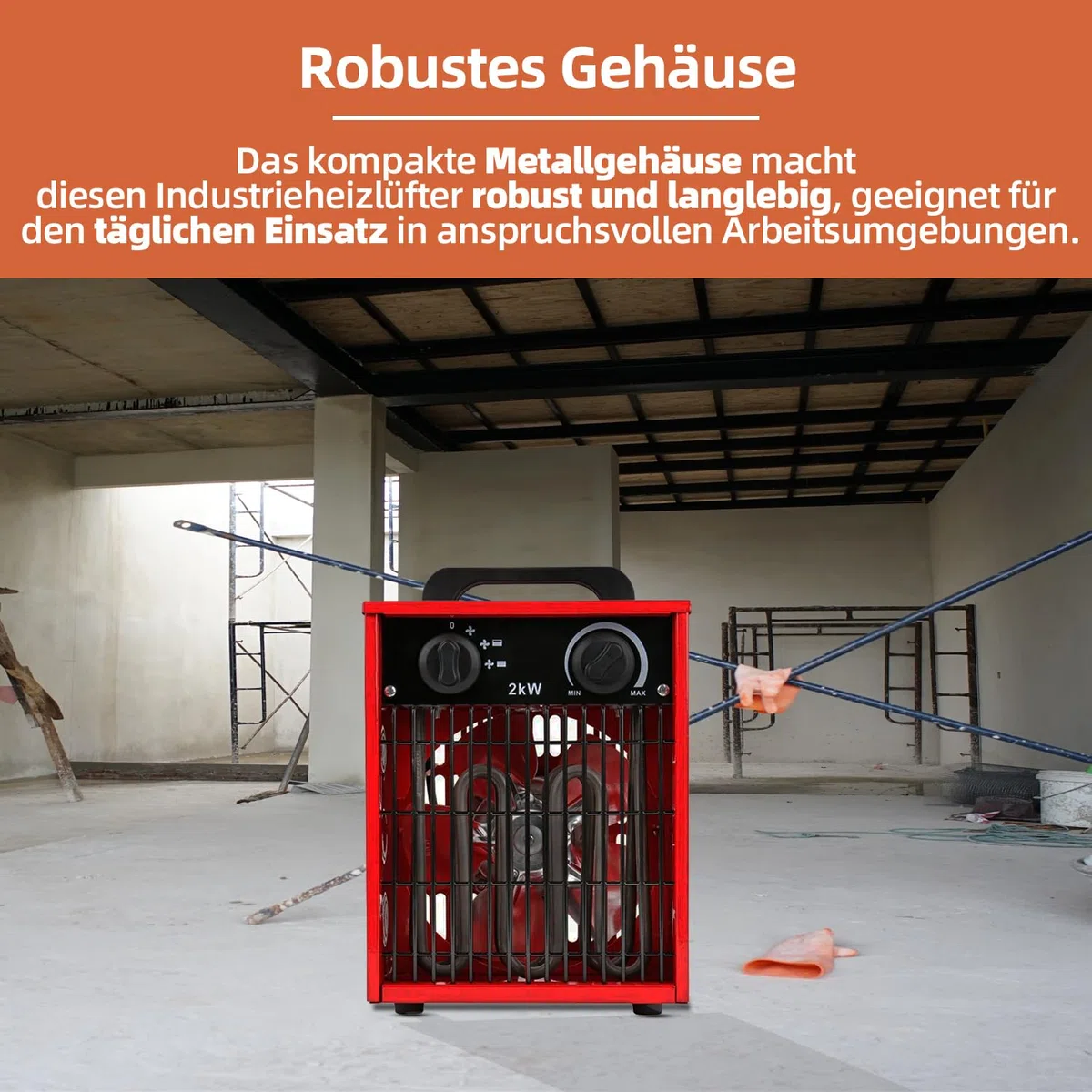 SHX Industrie-Heizlüfter 2000W SHX308HEAT2022 – 2000 Watt, Heizelement aus rostfreiem Stahl, 3 Betriebsmodi, spritzwassergeschützt, einstellb. Thermostat, Überhitzungsschutz, Tragegriff, rot/schwarz