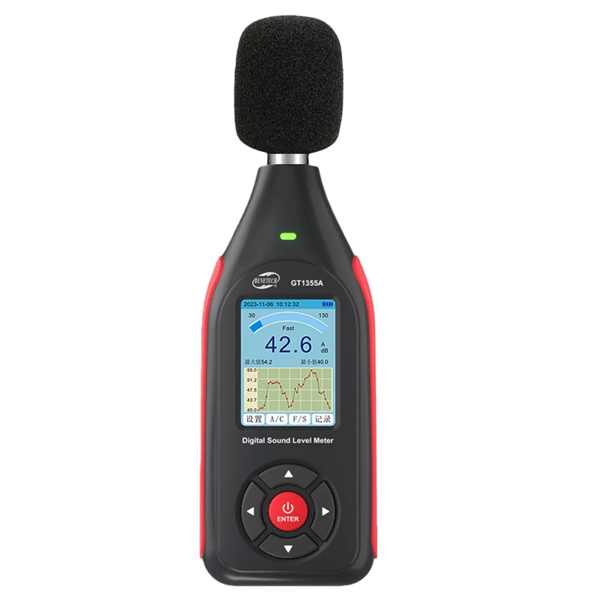 Schallpegelmessgerät Dezibelmesser mit Datenlogger, 43.000 Datensätzen, A/C-Frequenzbewertung, Echtzeit-Sampling, USB/PC-Anschluss, Wiederaufladbar mit Alarm für präzise Geräuschmessung
