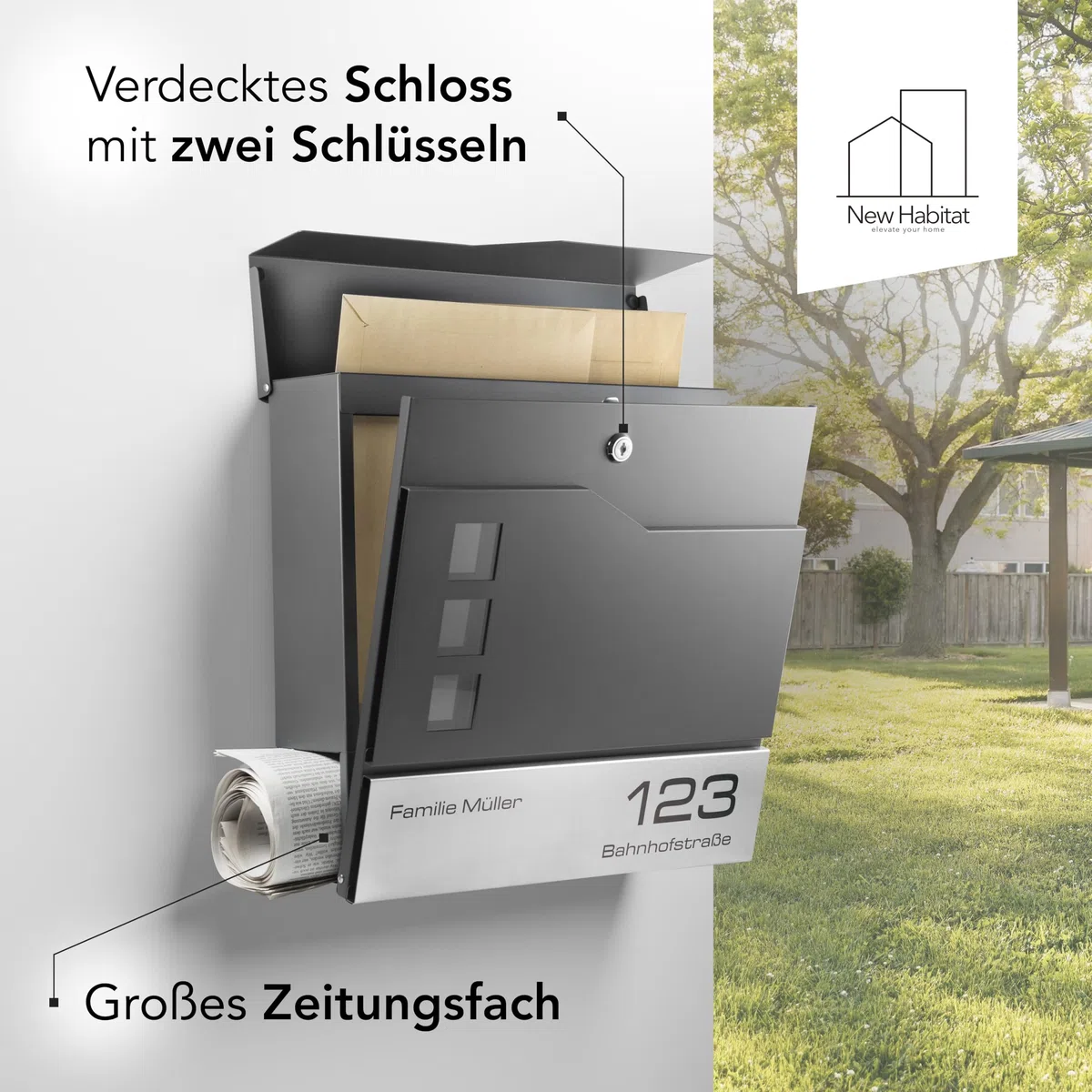 Moderner Briefkasten Personalisierbar Stockholm Anthrazit RAL7016 - mit Zeitungsfach - Wandbriefkasten mit Edelstahl Namensschild und Hausnummer Gravur (Mit Gravur)
