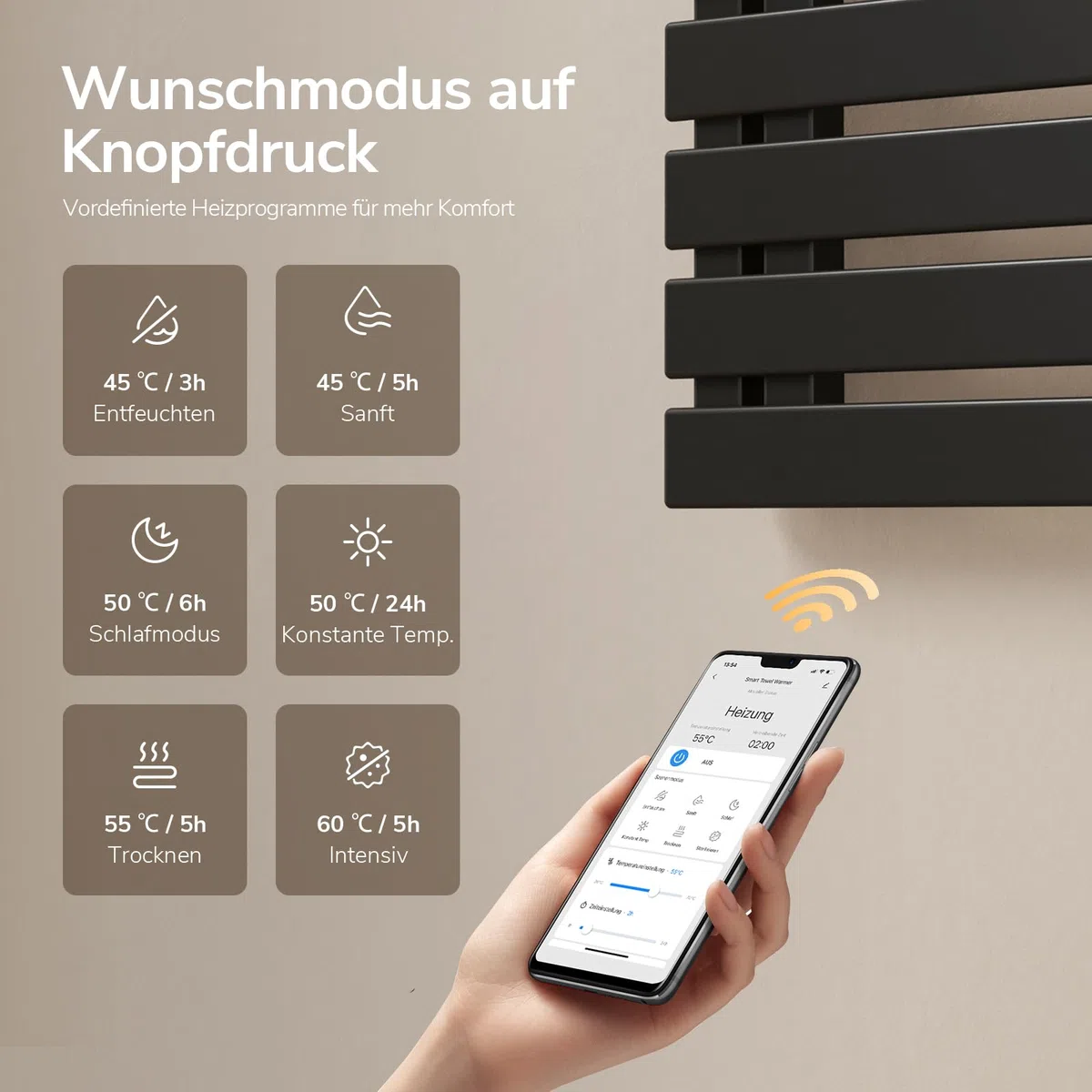 EMKE Elektrischer Handtuchheizkörper 1300x500 mm, Intelligenter Handtuchwärmer mit WiFi-App-Steuerung, Timer & Thermostat, Badheizkörper zur Wandmontage, 440 Watt, IP45, Schwarz