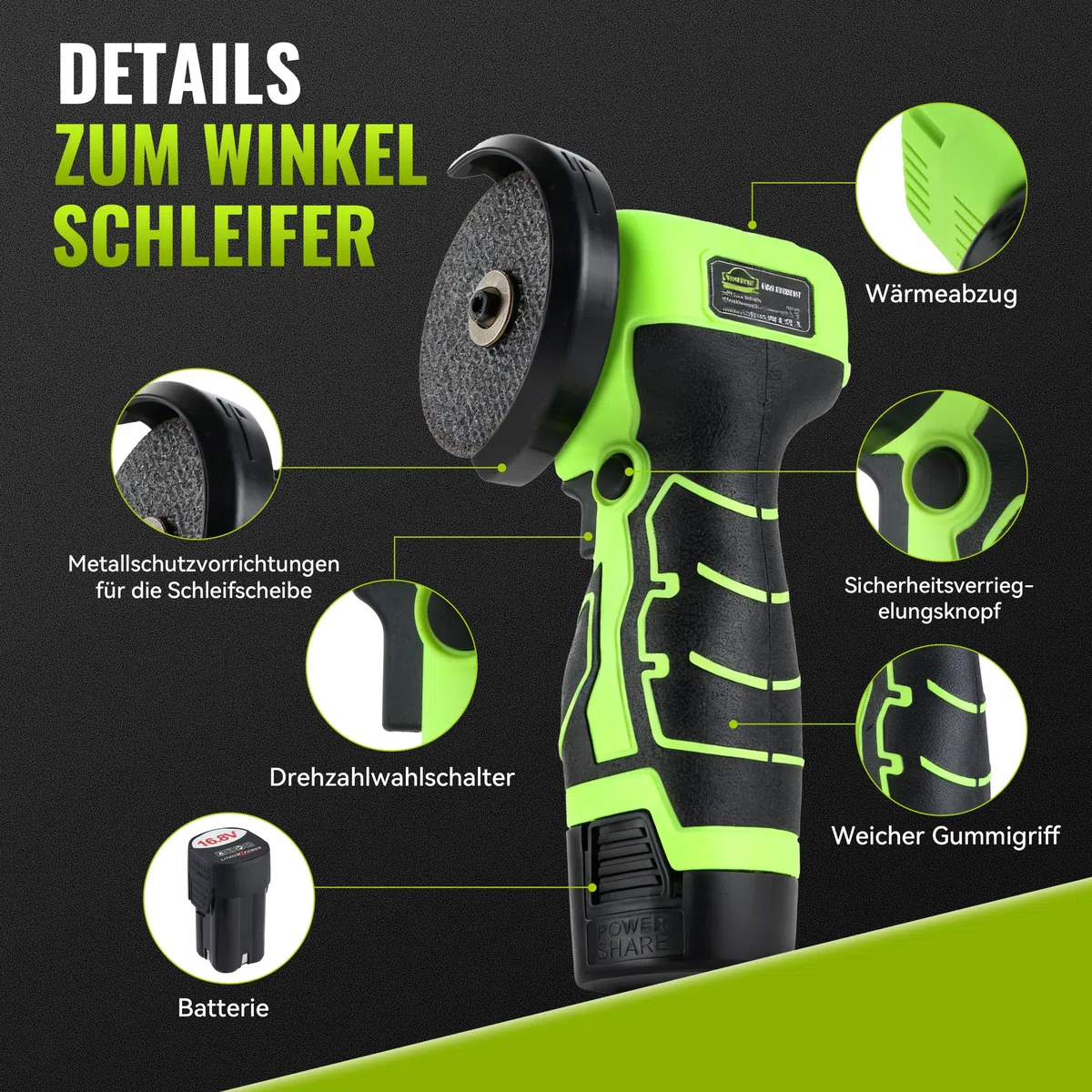 DEWINNER Akku-Winkelschleifer 19 500 U/min - 76mm Schleifscheibe, 2 Akkus 2000mAh, 6 Schneidscheiben und Tragetasche - Für Schleifen, Polieren, Schneiden
