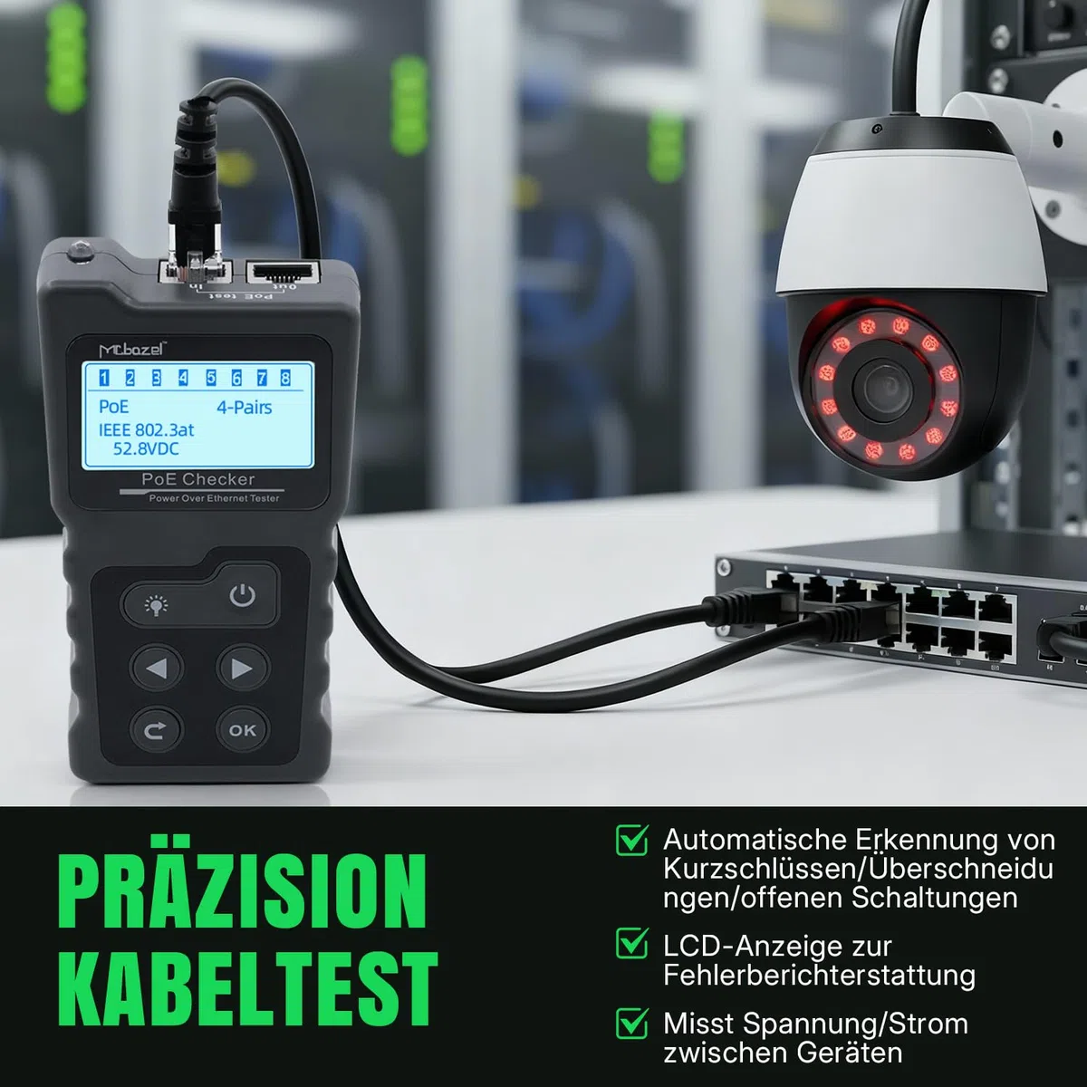 Multifunktions Kabeltester: RJ45 Netzwerktester mit PoE, Kontinuitätstest, Spannungsmessung & LED-Beleuchtung - Ideal für CAT5e/CAT6/CAT6a Ethernet Kabel