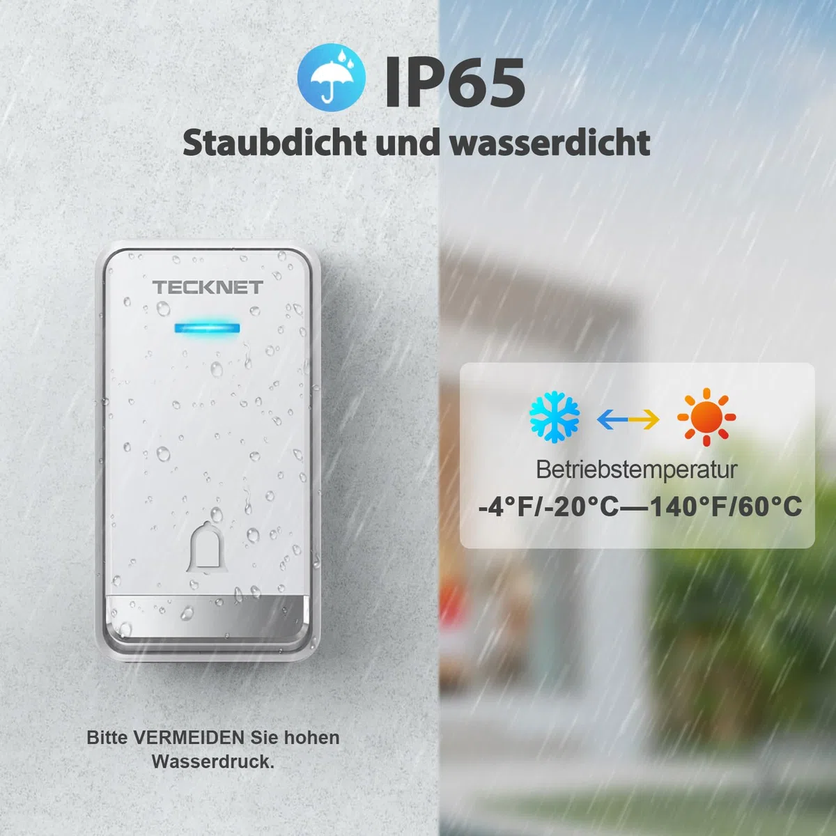 TECKNET Kabellose Türklingel Batterielose, Steckdosen-Funkklingel Wasserdicht Drahtloses Funk Türklingel mit 3 EU-Steckdose und 1 Sender, 400m, 60 Laute Melodien, 5 Lautstärke Stufen, LED-Blinken