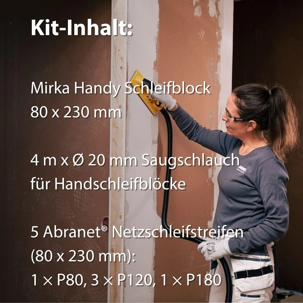 Mirka Handschleifer Handy Kit Schleifblock 80x230mm mit Absaugung | Inklusive Absaugschlauch und Abranet Schleifstreifen für staubfreies Schleifen ideal für Trockenbau und Renovierungsarbeiten