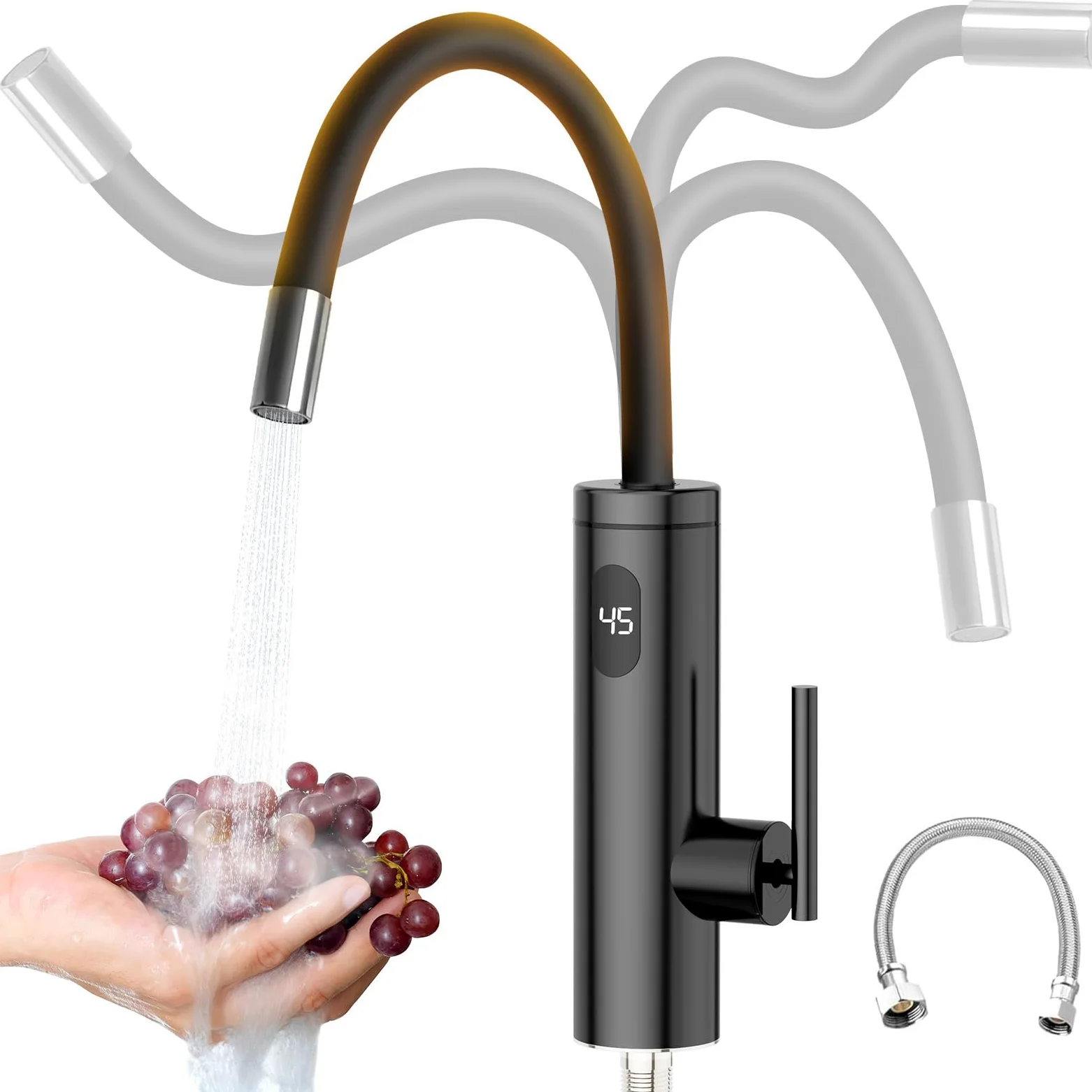 Wasserhahn mit Durchlauferhitzer, 3300W Edelstahl Elektrischer Wasserhahn mit Durchlauferhitzer mit 40cm Wasserversorgungsrohr, 360º Drehung LED Sofortiger Warmwasserhahn Schwarze