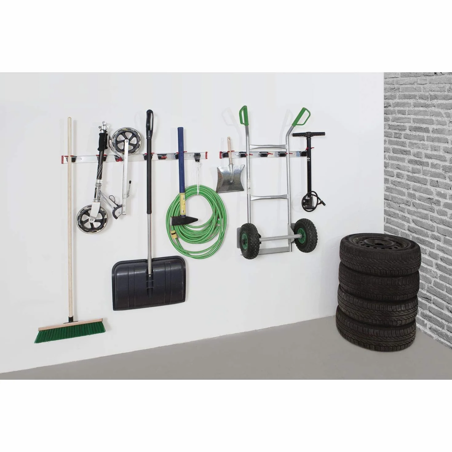 Bruns Gerätehalter 100 cm - 2 Schienen mit 14 Halter und 4 Haken - Gartengerätehalter, Besenhalterung Wandhalterung Spannbereich 0-50mm, schwarz/rot