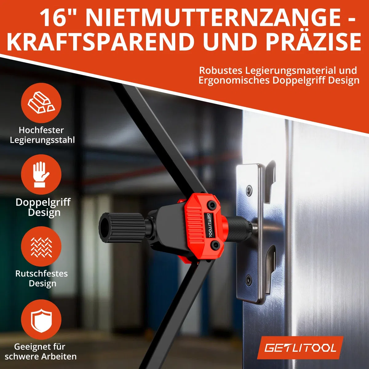 GETLITOOL Nietmutternzange Set, 40cm Nietzange inkl. 120 Nietmuttern, M3-M12 Dorne, Gewindenieten Zange Set für Kfz-Reparatur Metall Holz Möbel, Rutschfest Griff Einnietmutternzange mit Tragekoffer