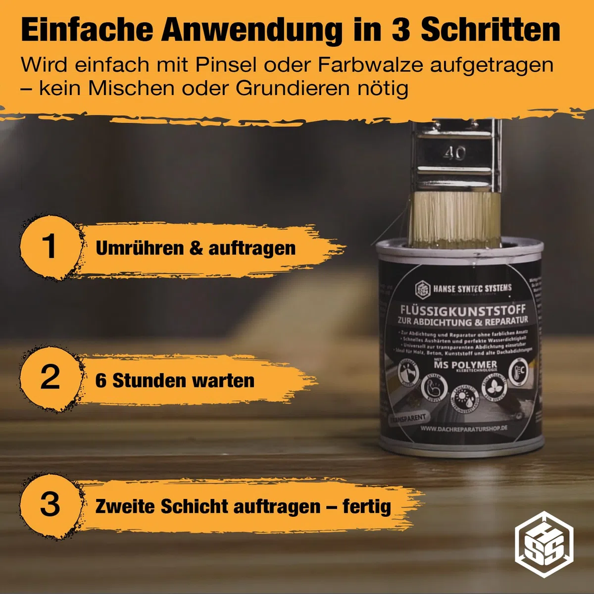 HSS Flüssigkunststoff für Abdichtung & Reparatur – UV- & witterungsbeständig – MS-Polymer – lösungsmittel- & bitumenfrei – Transparent – 800 g für ca. 2,2m²