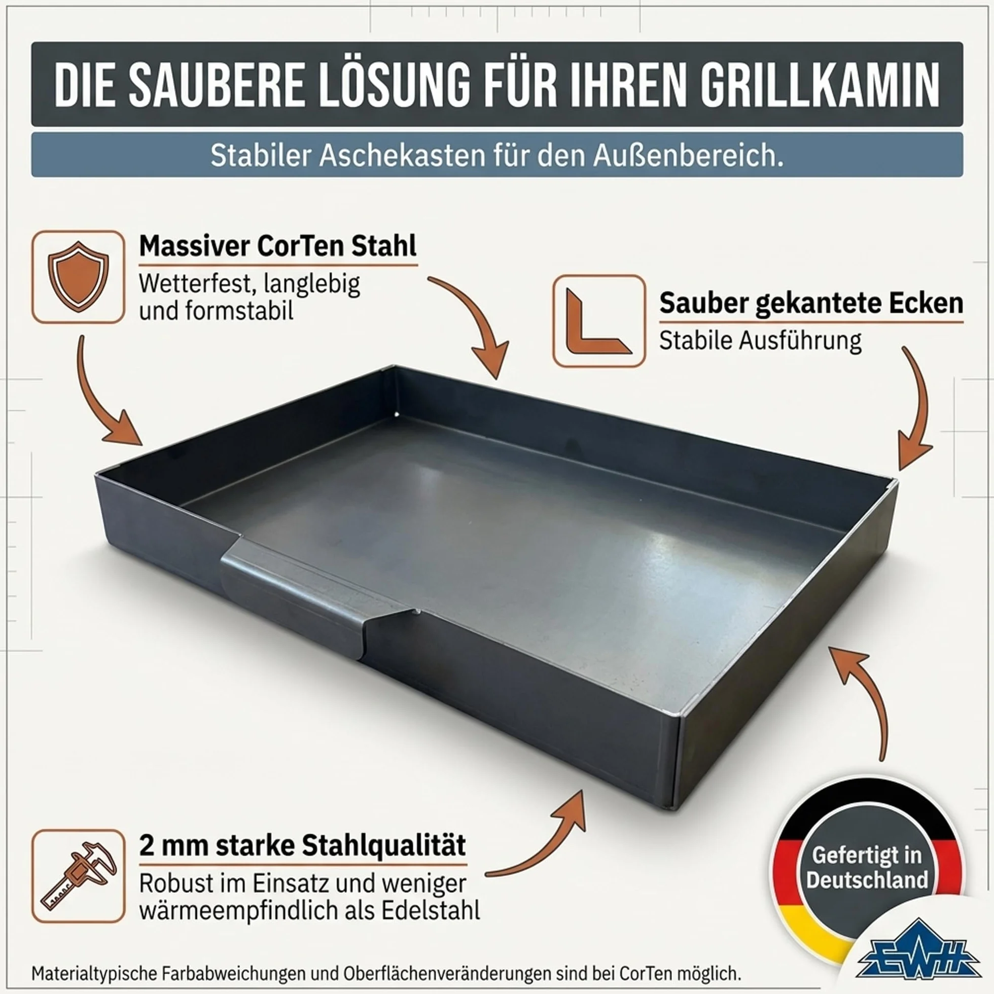 EWH Aschekasten für Grill aus CorTen Stahl im Edelrostoptik (49 x 34 cm) Aschebehälter/Aschewanne Aussengrill Aussenkamin
