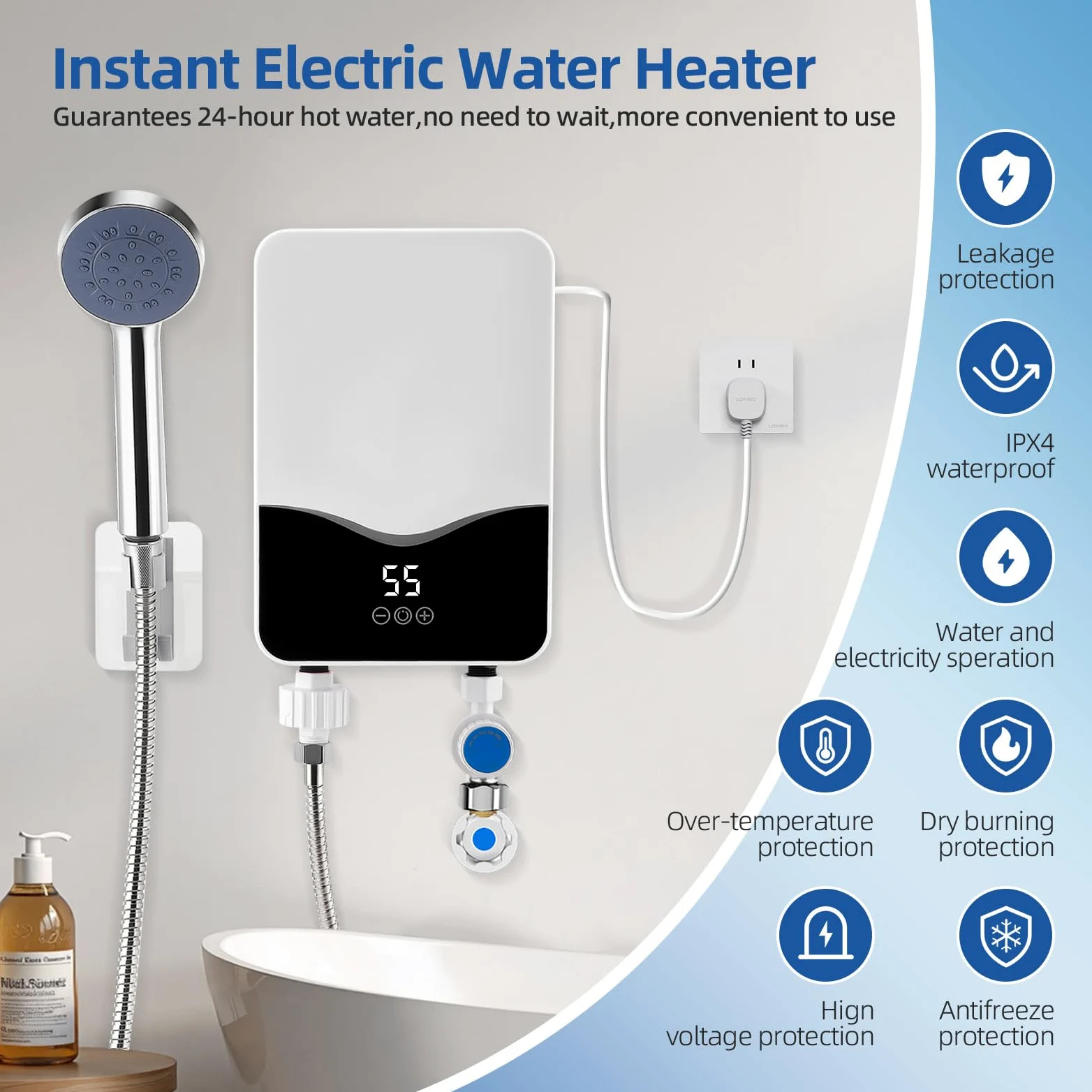 Elektrischer Warmwasserbereiter 5500 W Durchlauferhitzer mit LED-Temperaturanzeige, einstellbar von 30–55 °C IPX4 wasserfest, Wandmontage geeignet für Dusche/Küche (A01)