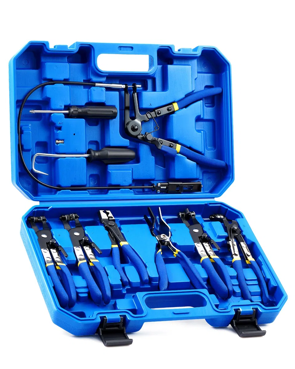Orion Motor Tech 9-tlg. Schlauchklemmenzange Set, Profi Schlauchschellenzange Set für Kraftstoff- Öl- & Wasserschläuche, Schellenzange KFZ Werkzeug Set mit Bowdenzug für Clic-R Typ & Federbandschellen