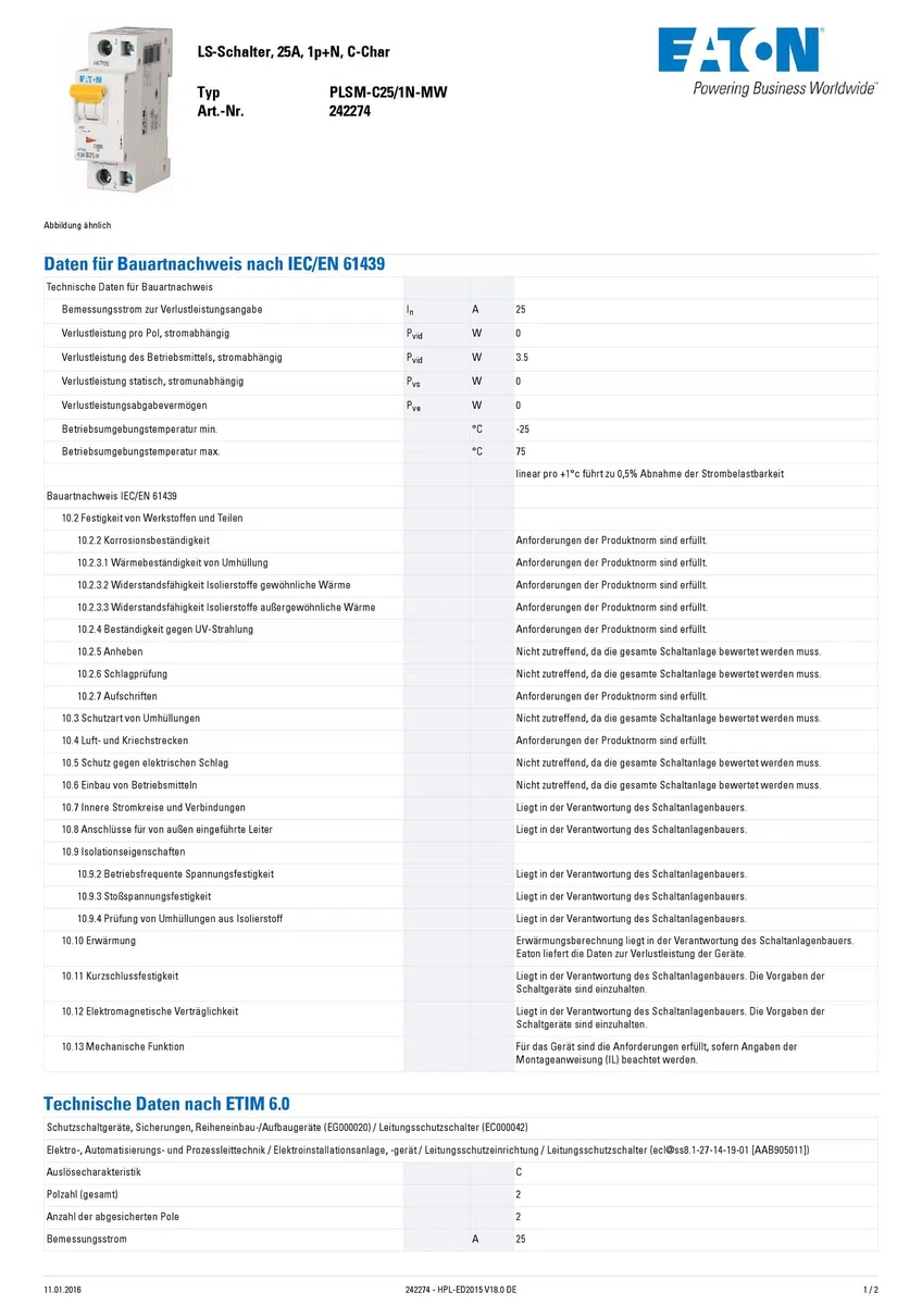Eaton PLSM-C25/1N-MW Leitungsschutzschalter 25A 1P+N 1-polig+N C-Charakteristik LS-Schalter (242274 alt 244802)