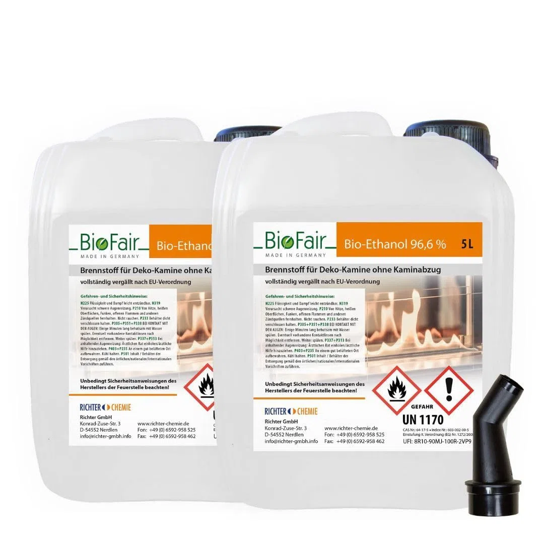 BioFair Bioethanol - Reiner Brennstoff - Bioethanol für Bioethanolkamin, Ethanol Tischkamin, Wandkamin Indoor - 2 x 5 Liter