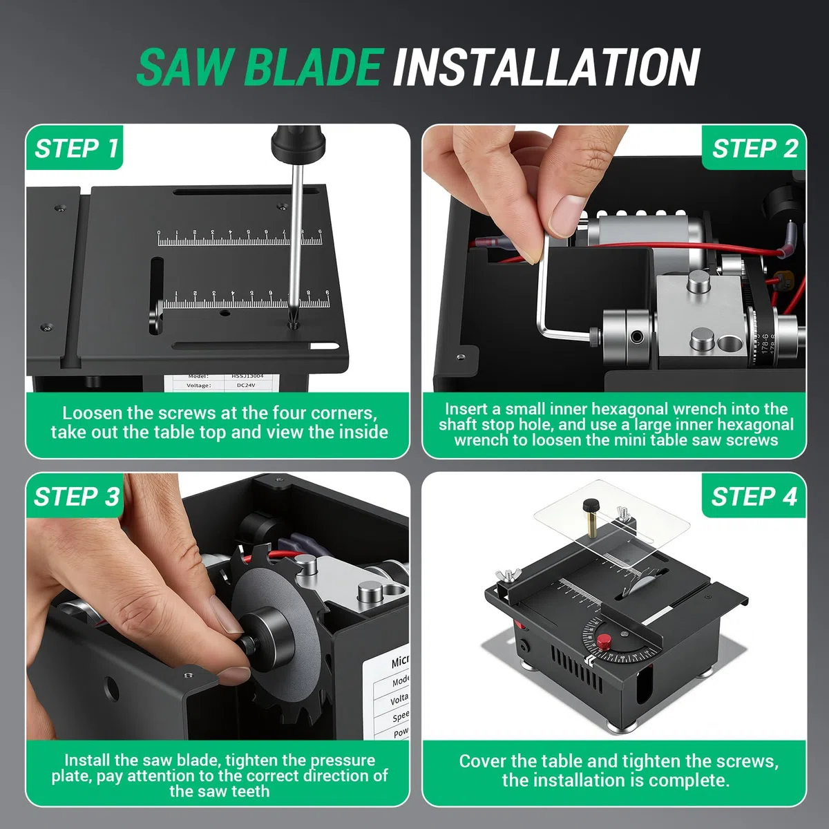 Mini Tischkreissäge mit 4 Klingen, 100W Mini Tischsäge mit 7-Gang-Netzteil Einstellbarer, 0,1-16mm Sägeblatt Höhenverstellbarer, Multifunktionale Tragbare Präzisions Kreissäge für Handwerk