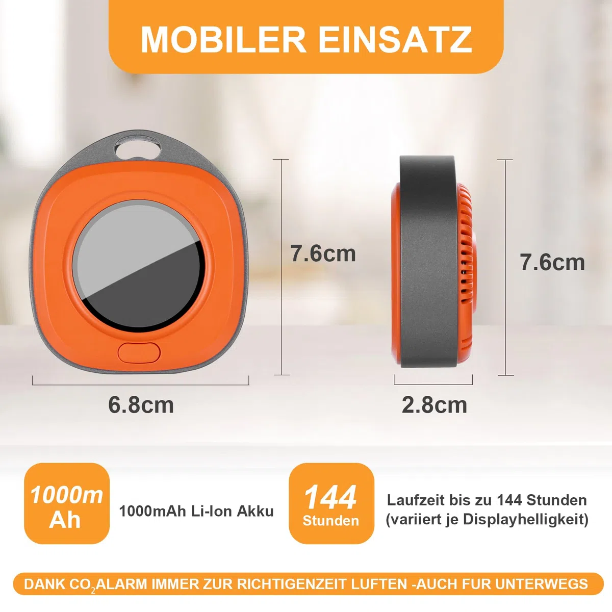 Tragbarer CO2 Melder, Mini CO2 Messgerät Luftqualitätsprüfer, CO2 Sensor mit Vollfarb LCD, Kontrollleuchte, Alarm, Automatische Kalibrierung, für Zuhause, Büro, Gewächshaus (Orange)