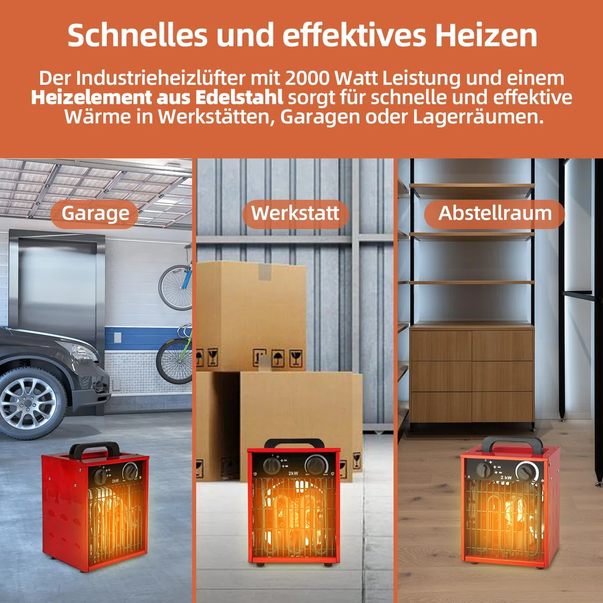 SHX Industrie-Heizlüfter 2000W SHX308HEAT2022 – 2000 Watt, Heizelement aus rostfreiem Stahl, 3 Betriebsmodi, spritzwassergeschützt, einstellb. Thermostat, Überhitzungsschutz, Tragegriff, rot/schwarz