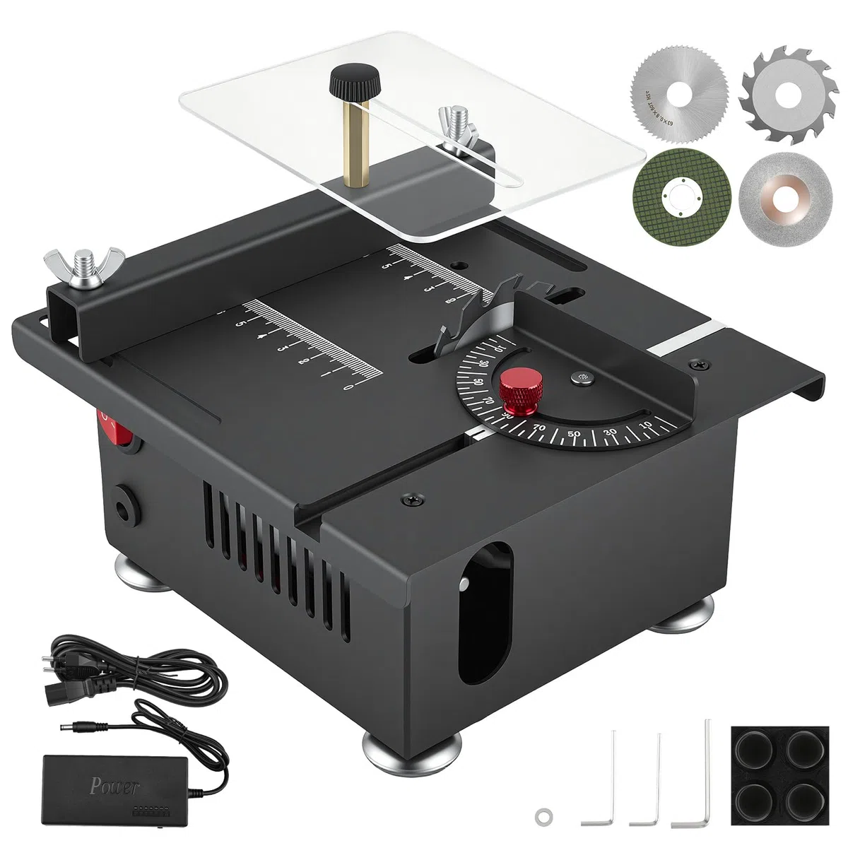 Mini Tischkreissäge mit 4 Klingen, 100W Mini Tischsäge mit 7-Gang-Netzteil Einstellbarer, 0,1-16mm Sägeblatt Höhenverstellbarer, Multifunktionale Tragbare Präzisions Kreissäge für Handwerk