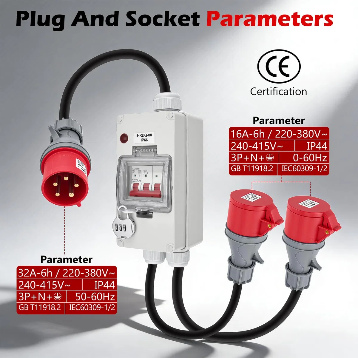 CEE Adapter 32A auf 16A x 2, Starkstrom Verteiler mit Leitungsschutzschalter, 3-phasig, 400V, Reinem Kupfer 5-polig IP44 CEE Stecker mit Schutzabdeckung, für Baustelle Werkstatt Industrie Caravan Wohn
