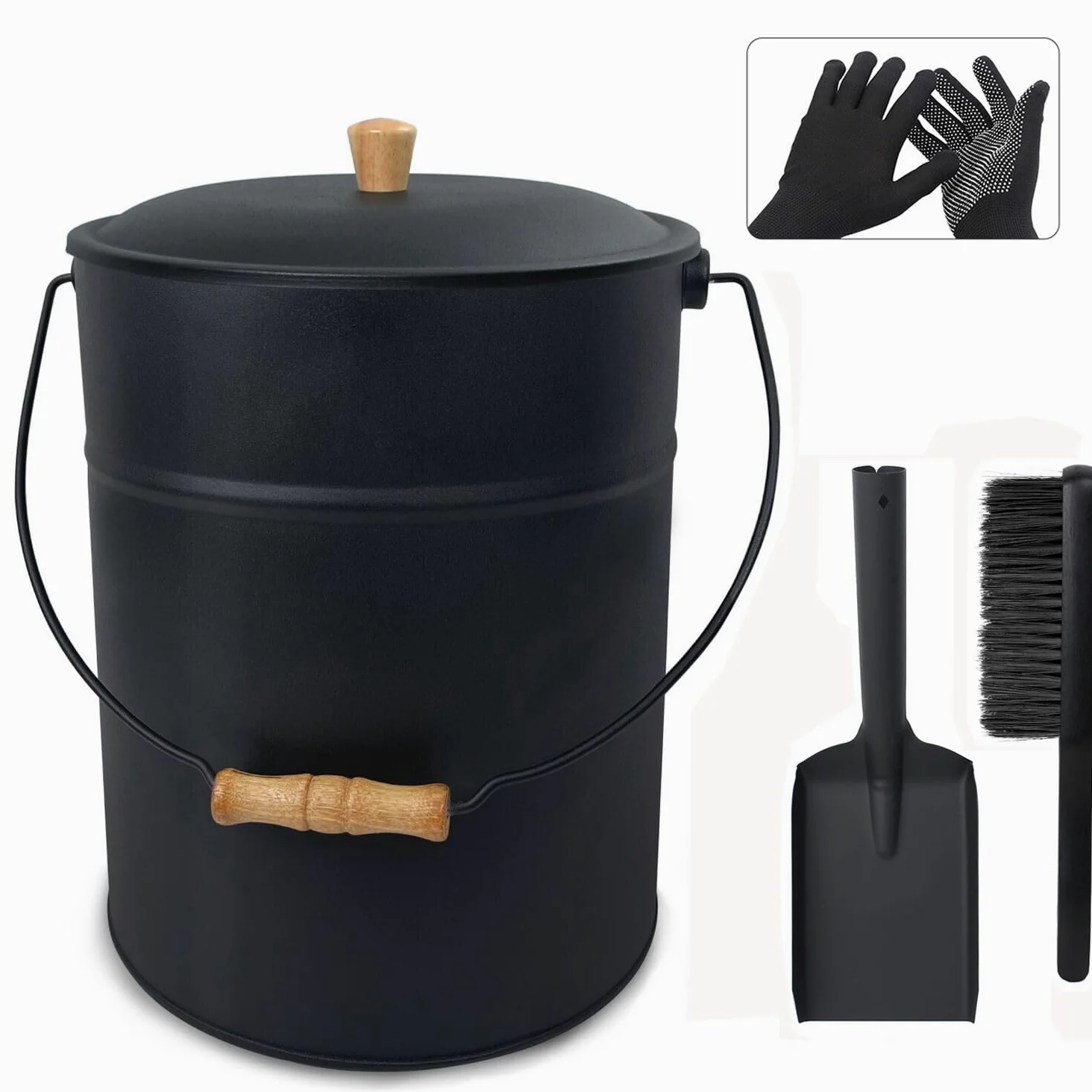 BRIAN & DANY Ascheeimer mit Deckel, Runder Kohleeimer für Kamine, 15L Eimer mit Schaufel und Handbesen, Werkzeugset Zubehör für Kamin, Feuerstelle, Holzofen