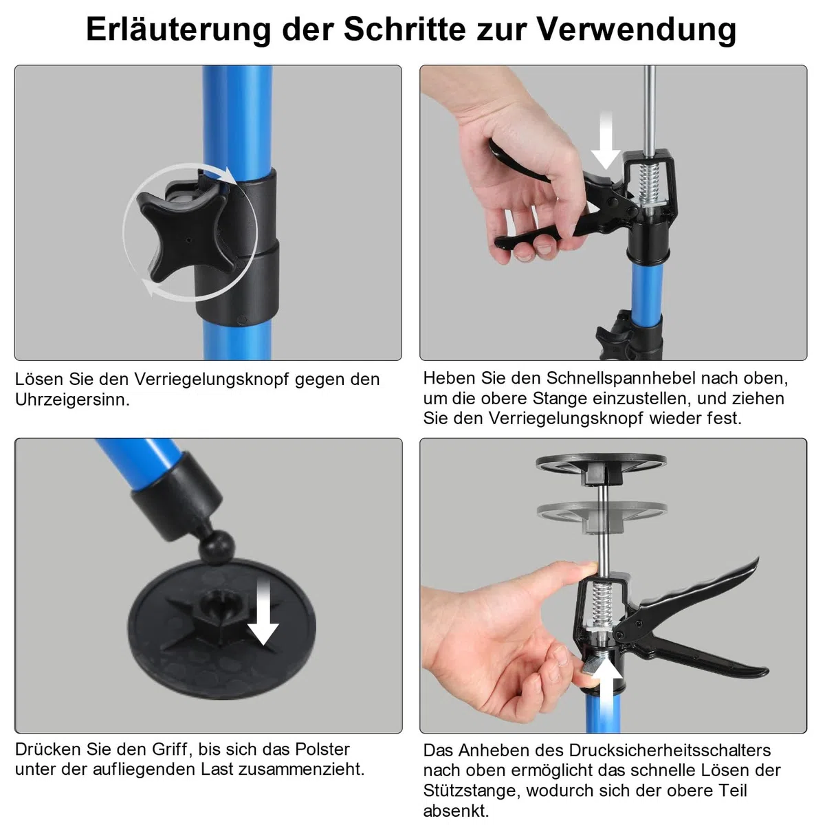 Deckenstütze, Einhandstütze, Montagestütze, 4er-Set professionelles Stuitzstange, Teleskopbereich: 115 cm bis 290 cm, Tragkraft 50 kg, blau (Geeignet für Wagenheber, Wände, Schränke usw)
